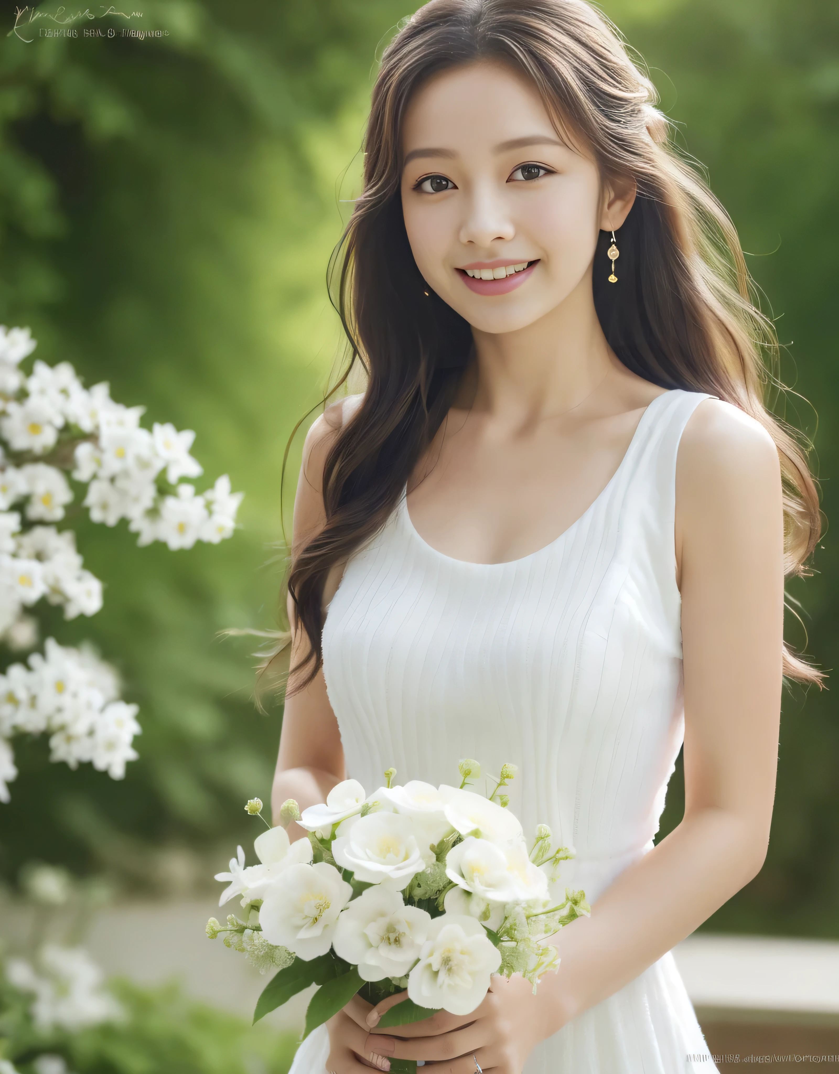 1girl in, flower, Dress, Solo, White Dress, Holding, Smile, Long hair, bouquet, Blurry, Looking at Viewer, holding flower bouquet, Blurry background, Brown hair, Hair Flower, Hair Ornament, Bare shoulders, tooth, white blossoms, Sleeveless dress, Sunlight, english text, Bare arms, artist name, Sleeveless, clavicle, Lips, blue flower, Realistic, watermarked, depth of fields, Open mouth, holding flowers, Bokeh, Backlighting, Curly hair, web address, pink flowers, Brown eyes, sundress, Black hair, Eyelashes, copyright name, amazing, finely detail, masutepiece,Best Quality,Official art, absurderes, unbelievable Ridiculous, huge filesize, Ultra-detailed, hight resolution, Extremely detailed,masutepiece, Best Quality, 超A high resolution, 8K, Raw photo, (Soft Focus:1.4),photographrealistic