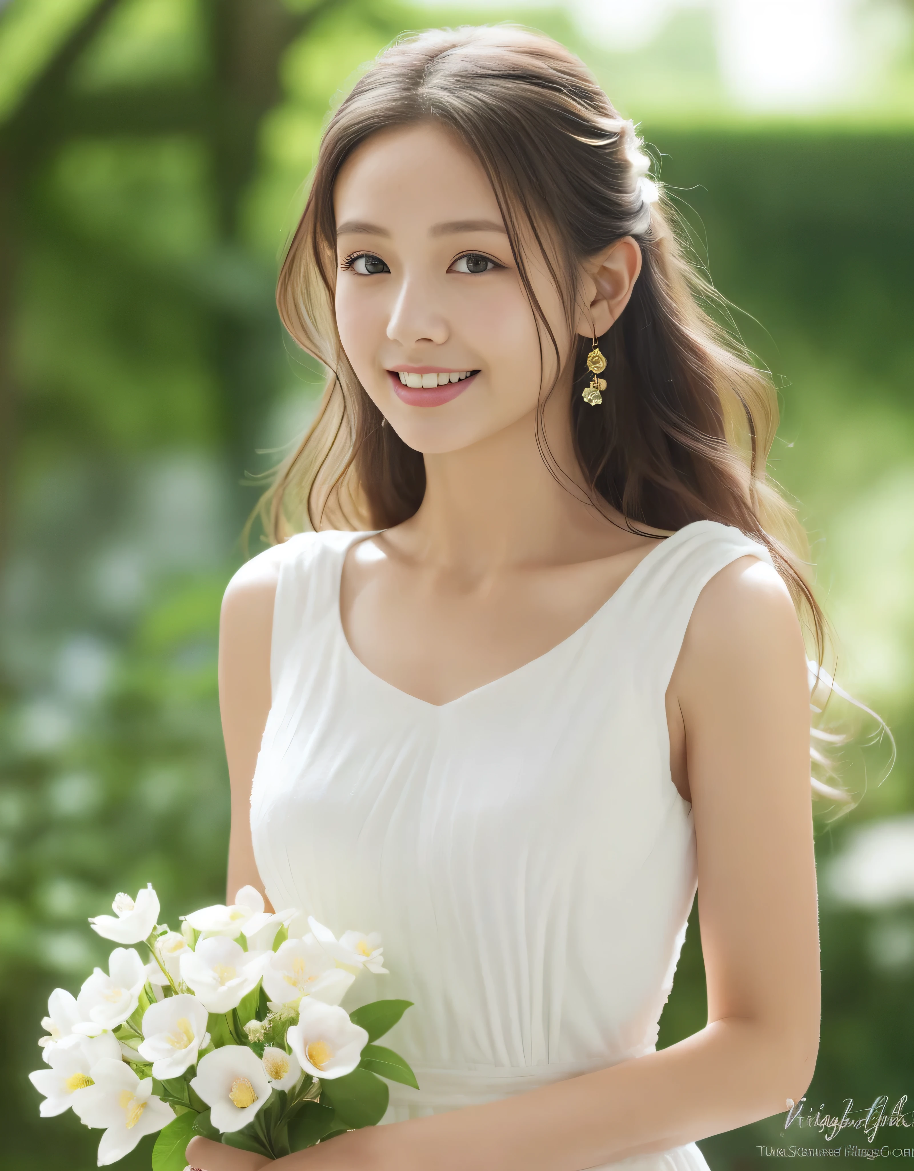 1girl in, flower, Dress, Solo, White Dress, Holding, Smile, Long hair, bouquet, Blurry, Looking at Viewer, holding flower bouquet, Blurry background, Brown hair, Hair Flower, Hair Ornament, Bare shoulders, tooth, white blossoms, Sleeveless dress, Sunlight, english text, Bare arms, artist name, Sleeveless, clavicle, Lips, blue flower, Realistic, watermarked, depth of fields, Open mouth, holding flowers, Bokeh, Backlighting, Curly hair, web address, pink flowers, Brown eyes, sundress, Black hair, Eyelashes, copyright name, amazing, finely detail, masutepiece,Best Quality,Official art, absurderes, unbelievable Ridiculous, huge filesize, Ultra-detailed, hight resolution, Extremely detailed,masutepiece, Best Quality, 超A high resolution, 8K, Raw photo, (Soft Focus:1.4),photographrealistic