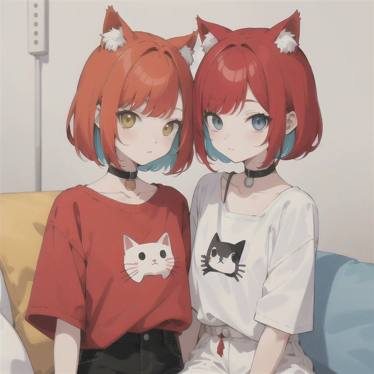 Cat and girl,Red Hair Bob (Colorful and pop cute illustrations:1.3), SD