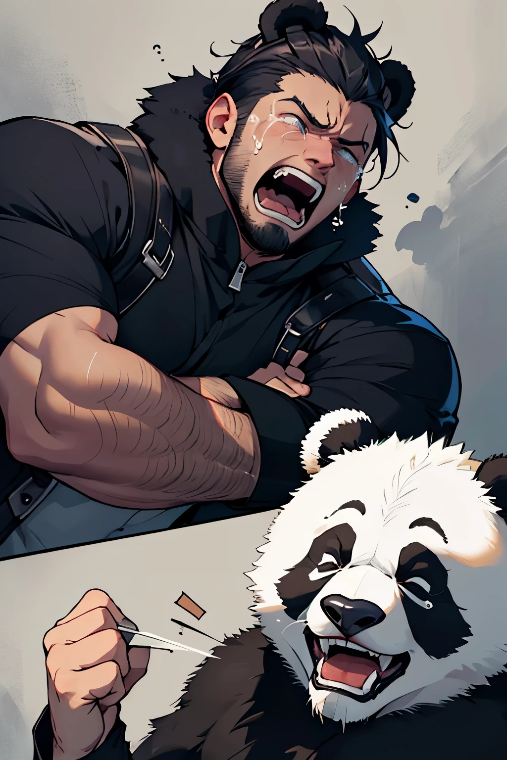 guy, dude, male, with panda ears, masculine, 2d scared screaming face with eyes popping out looking to the left side, but make it more terrified, horrified, eyes riddled in tears, male, guy, dude with panda ears, eyes closed, sleepy