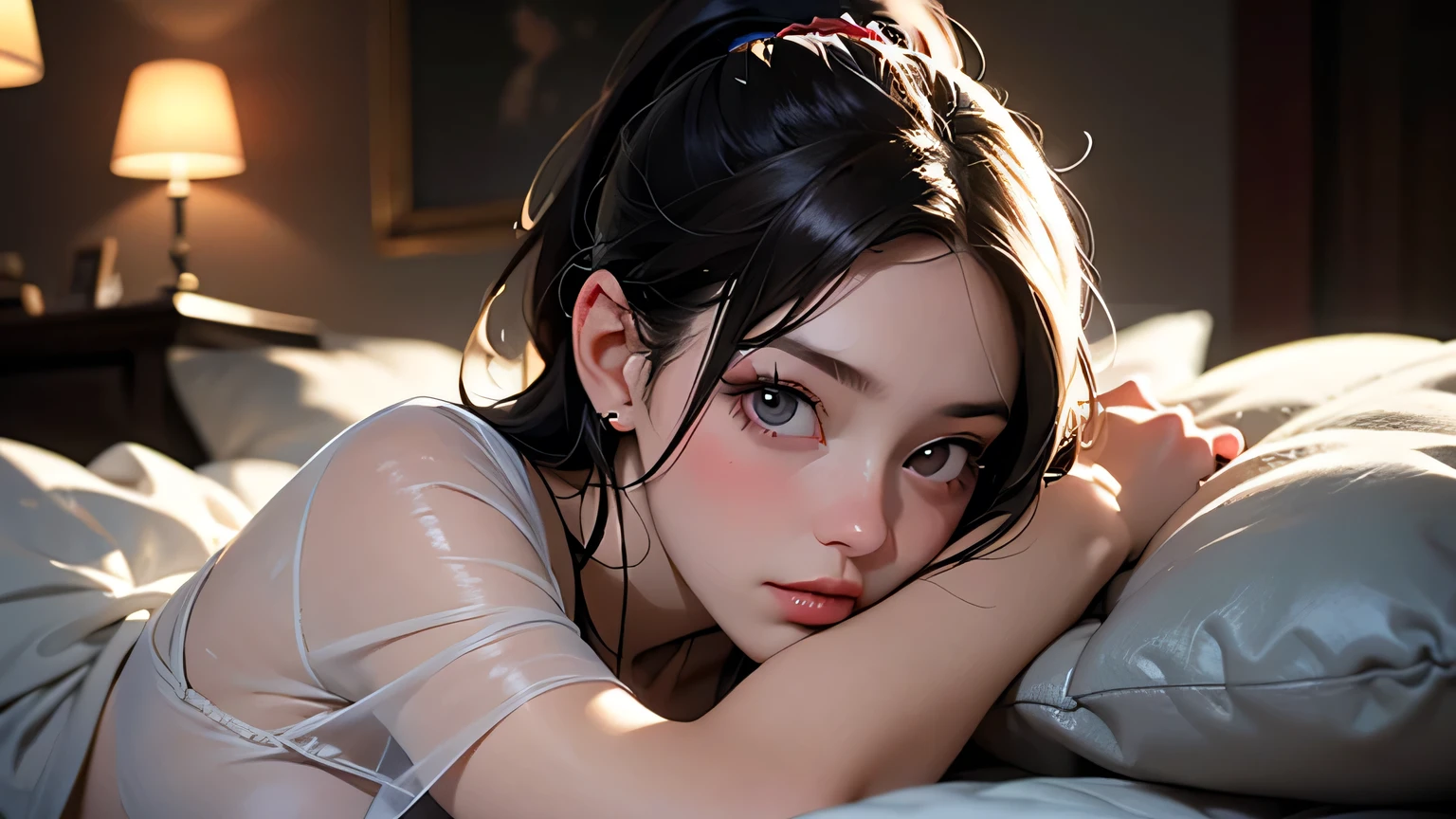 1 Girl, Top Quality, Masterpiece, Ultra HD, (Photorealistic:1.4), RAW Photo, 1 Girl, Hair Ponytail, See-Through Spaghetti Strap Shirt, Film Lighting, Half Body Portrait, Half Body Shot, Bedroom, Naked But covered with a blanket, , whimsical lighting, enchanting atmosphere, bokeh, dreamy decoration, whimsical lighting, enchanting atmosphere, sleepy face, , lying on the futon, hugging the pillow,