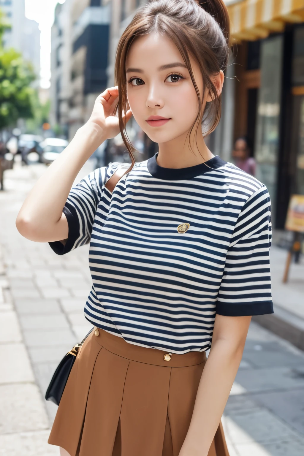 best quality, 1 beautiful woman, high ponytail, brown hair, street, wearing striped shirt, short skirt, looking at camera, casual pose, natural light
