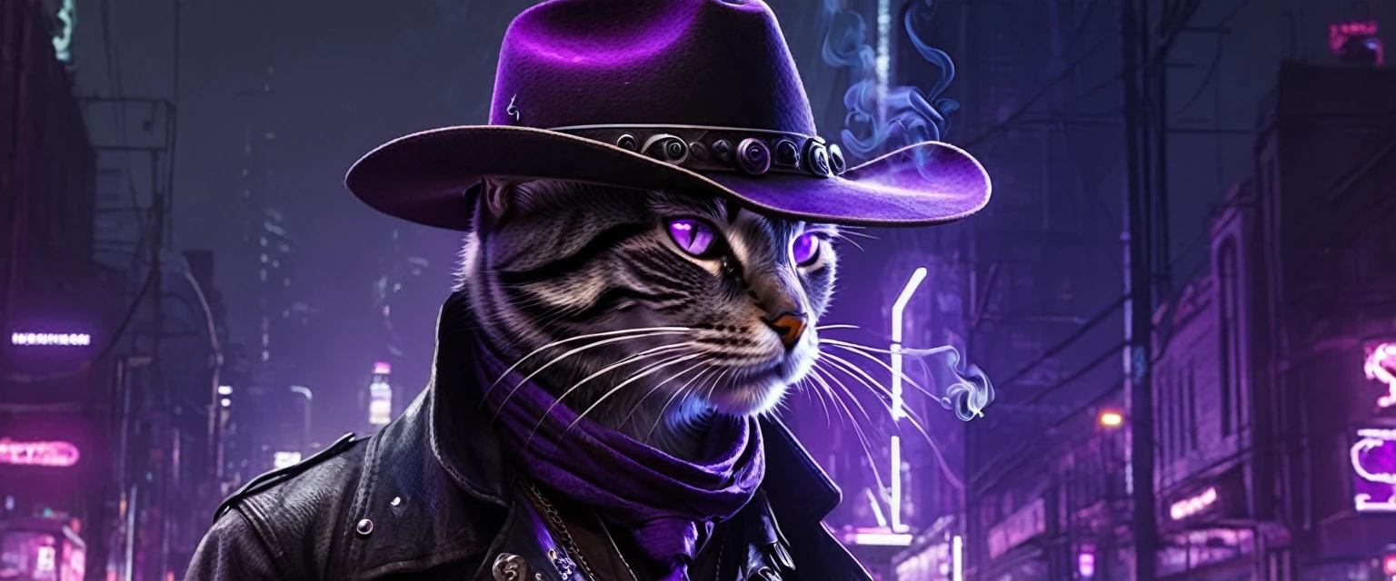 Anthropomorphic Cat with purple eyes wearing stetson cowboy hat smoking a cigarette in a cyberpunk city at night