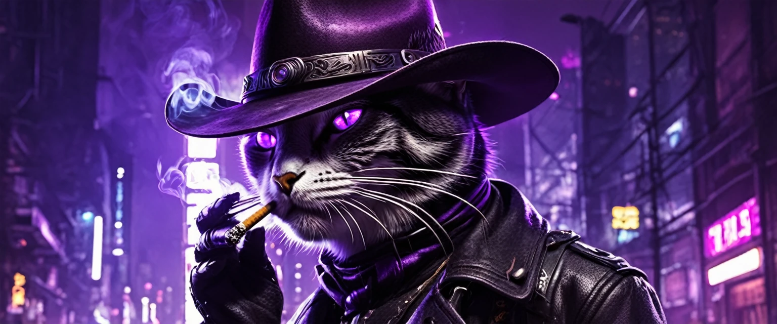 Anthropomorphic Cat with purple eyes wearing stetson cowboy hat smoking a cigarette in a cyberpunk city at night