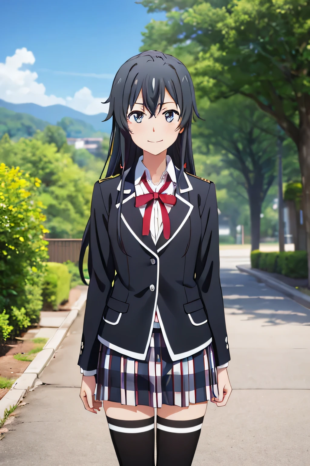 (masterpiece, best quality:1.2), cowboy shot, solo, 1girl, yukinoshita yukino, smile, closed mouth, looking at viewer, standing, idle, upper body , black jacket, plaid skirt, thighhighs, outdoors