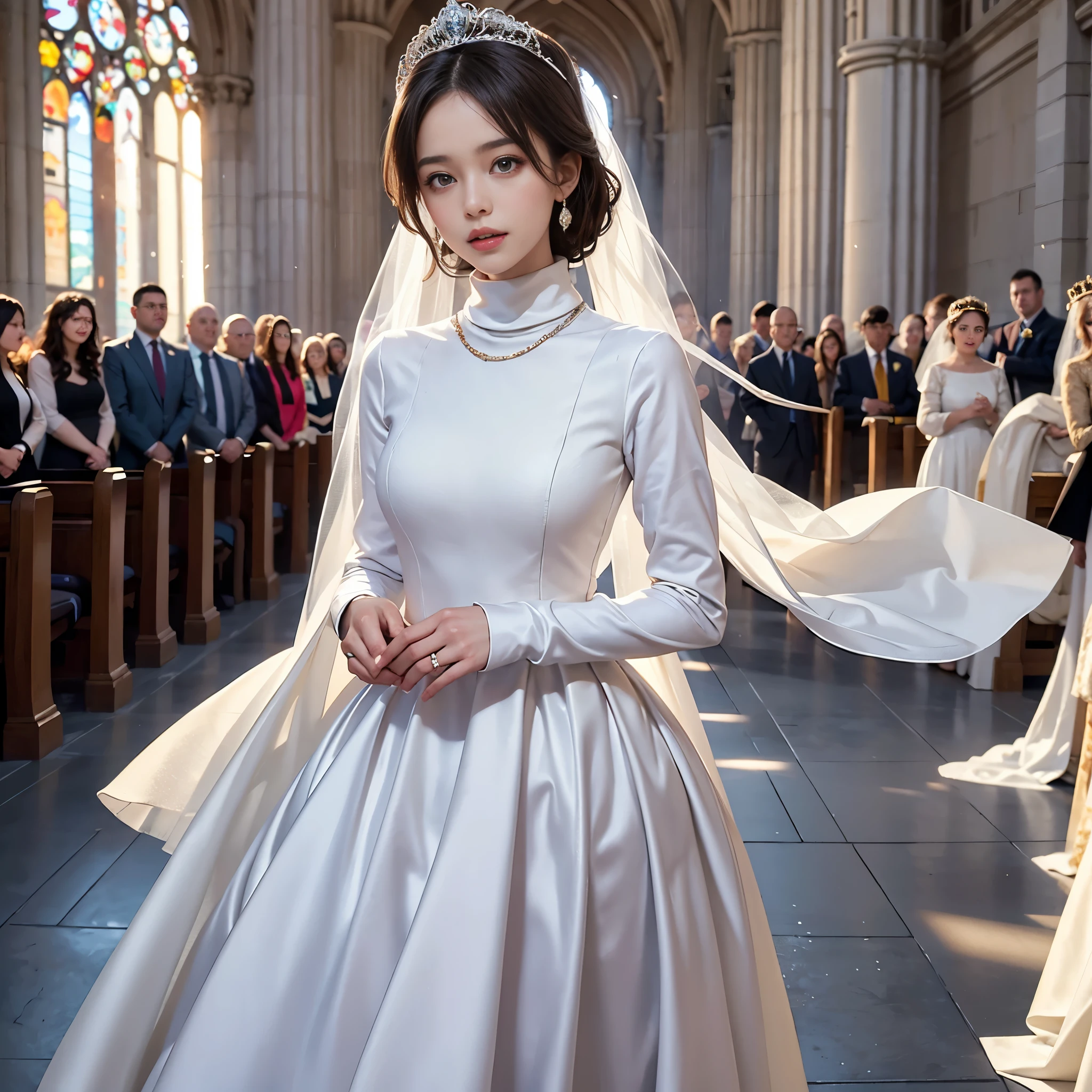 best quality, masterpiece, 1 girl, huge laugh, cute teen, shiny lips, sweet, sun glare, Conservative attire, turtleneck wedding dress, bridal tiara, depth of field, blurred background, Cathedral Background, light particles, strong wind, head tilt