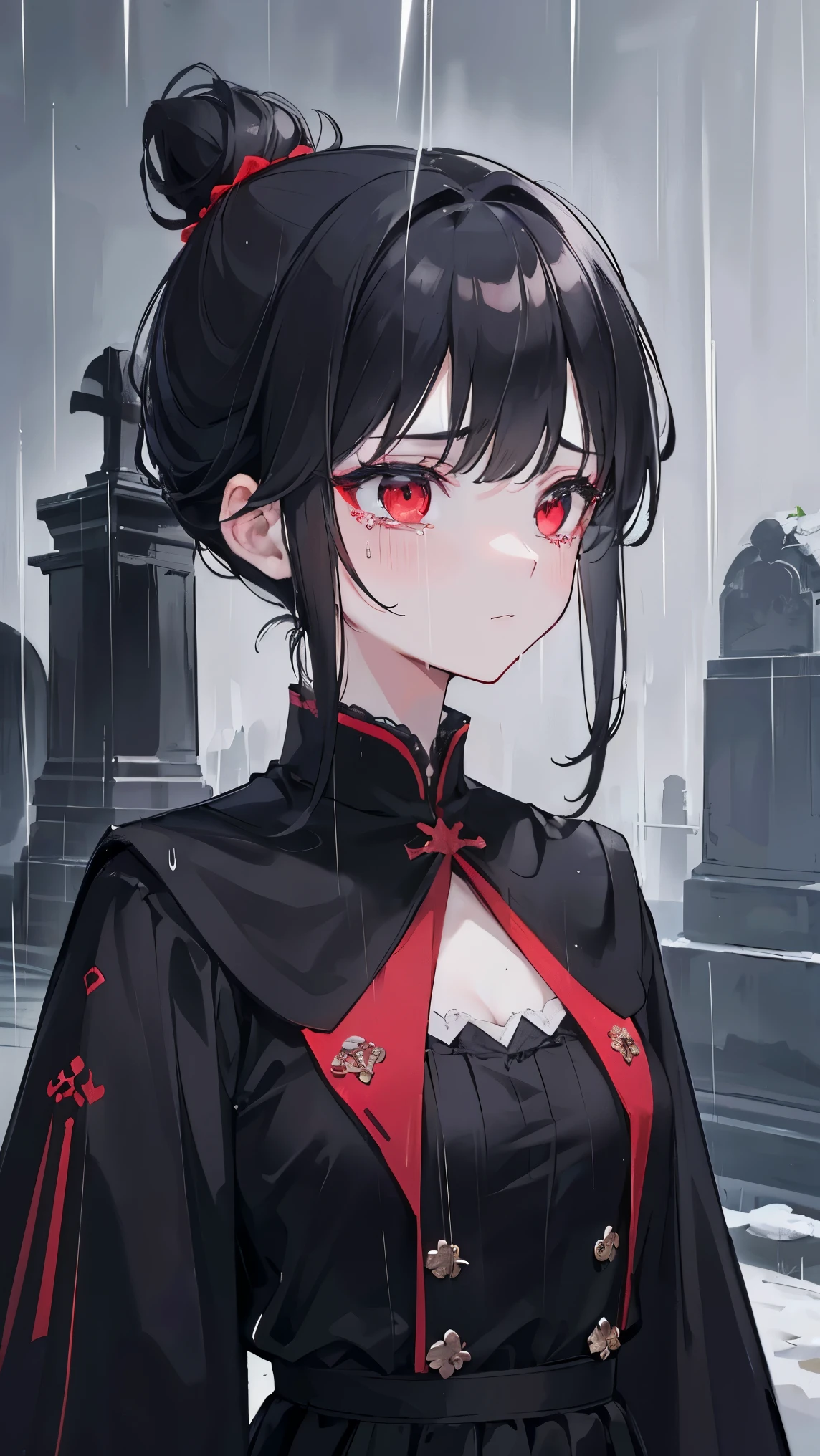 (Girl1,triangle face,red eyes),(black hair,top Knot hairstyle),((black funeral outfits for ladies,In the cemetery,rain,sad,crying,upper body)),Among a group of people,retina,masterpiece,ccurate,anatomical correct, textured skin,super detail,high quality,high details,best quality,highres,UHD,1080P,standing