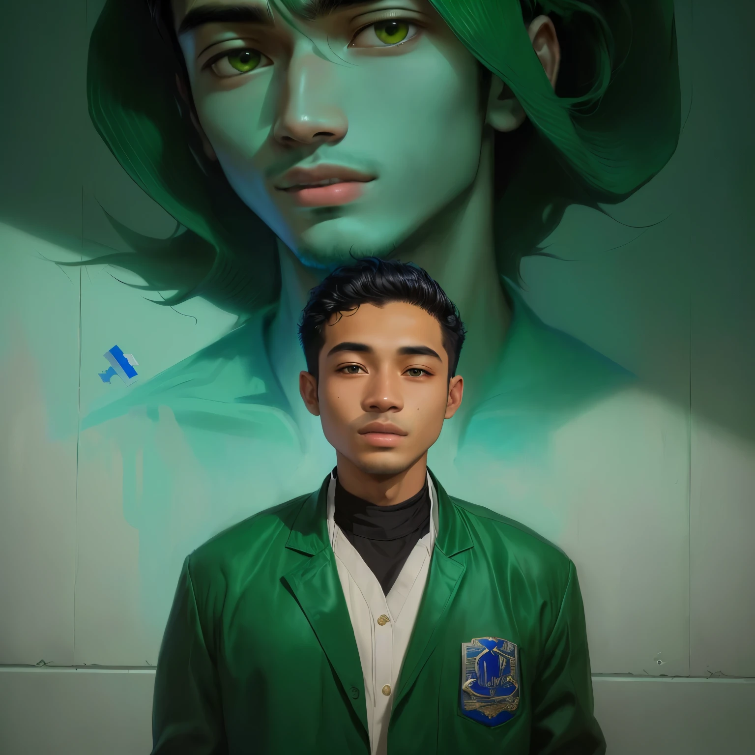 arafed man in green jacket standing in front of a blue wall, riyahd cassiem, raden saleh, student, mohamed chahin, ismail, full protrait, ramil sunga, protrait, ayan nag, potrait, young commoner, by Abidin Dino, front profile!!!!, ash thorp khyzyl saleem