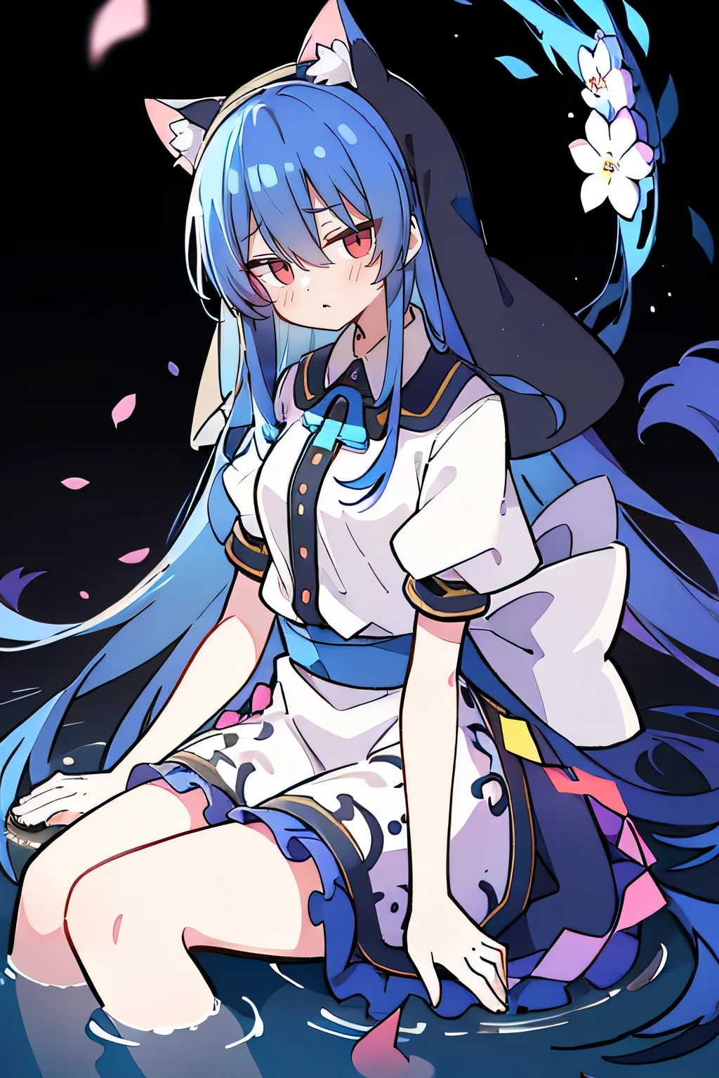 (masterpiece:1.2),Extremely detailed,Practical,expressive eyes,Fair skin,Perfect face shaping,1 Girl,
Japanese cartoons,Gorgeous blue hair, the long flowing blue hair,Floating clothes,Cat ears,Petals fall,beautiful lola,Young Angel,
Place your hands on your waist,sit elegantly on the ground,Cross your legs,Gentle and peaceful background,stately church,nun,lie on the water,Blackening,A look of disdain.