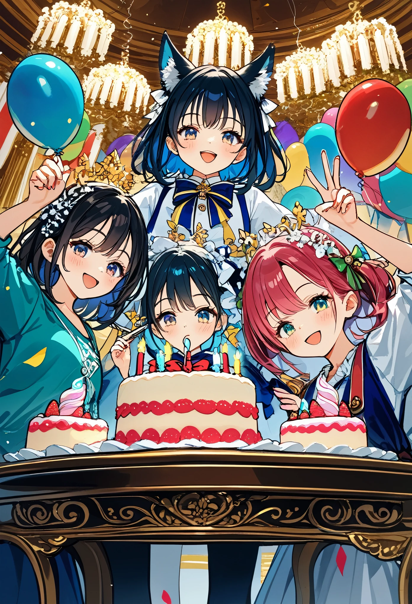 cover page, anime key visual, highres, top quality, best quality, paid reward available, High-quality illustrations, unparalleled masterpiece, perfect artwork, absurdres(A family at a birthday party,  blowing out candles on a birthday cake)(room decorated with balloons and streamers, festive and colorful atmosphere)(kemono parents of diverse descents smiling and clapping)perfect ???????, cake with candles and colorful icing, joyful and celebratory mood, special family moment, fan-created work shared on platforms Pixiv or Twitter, cinematic lighting, dynamic angle,