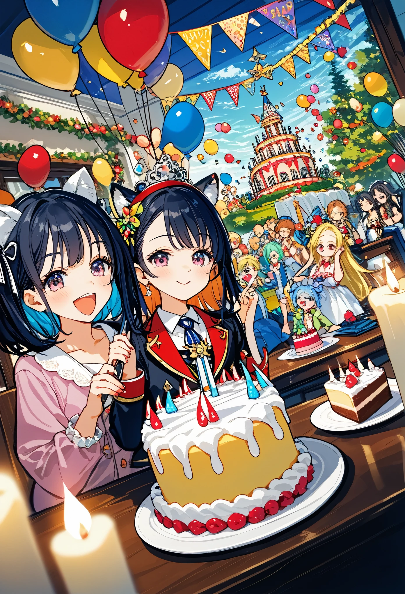 cover page, anime key visual, highres, top quality, best quality, paid reward available, High-quality illustrations, unparalleled masterpiece, perfect artwork, absurdres(A family at a birthday party,  blowing out candles on a birthday cake)(room decorated with balloons and streamers, festive and colorful atmosphere)(kemono parents of diverse descents smiling and clapping)perfect anatomy, cake with candles and colorful icing, joyful and celebratory mood, special family moment, fan-created work shared on platforms Pixiv or Twitter, cinematic lighting, dynamic angle,