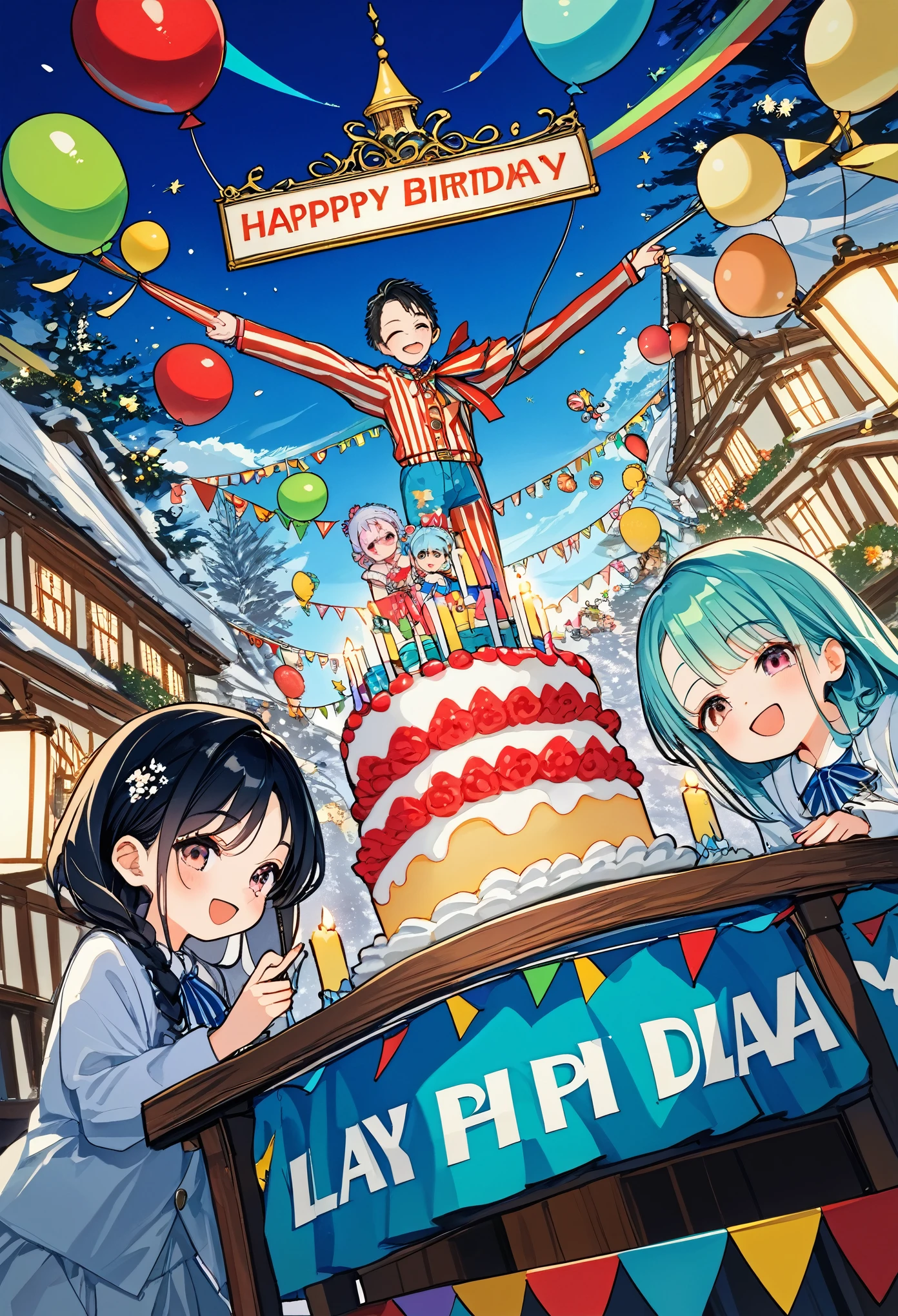 cover page, anime key visual, highres, top quality, best quality, paid reward available, High-quality illustrations, unparalleled masterpiece, perfect artwork, absurdres(A family at a birthday party, blowing out candles on a birthday cake)(room decorated with balloons and streamers, festive and colorful atmosphere)(kemono parents of diverse descents smiling and clapping)perfect anatomy, cake with candles and colorful icing, joyful and celebratory mood, special family moment, fan-created work shared on platforms Pixiv or Twitter, cinematic lighting, dynamic angle,