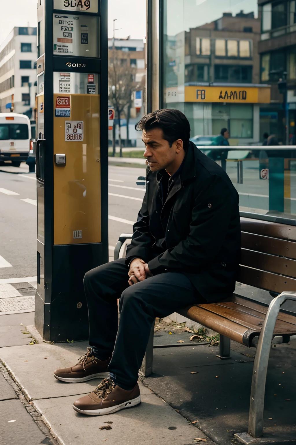 a man in a quit city waiting for bus