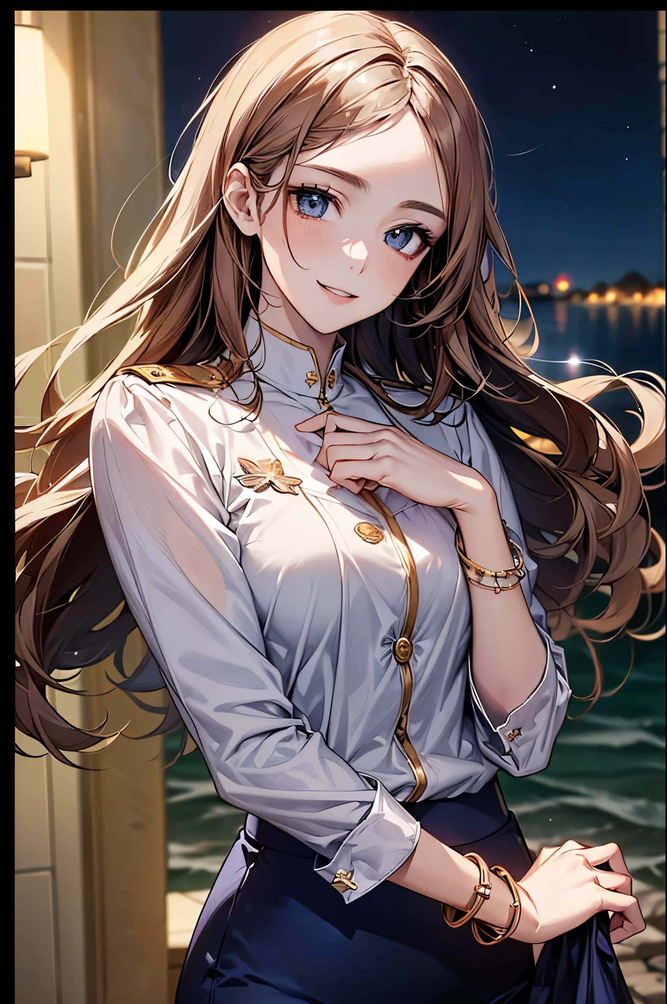 ((Biologically correct limb count))、(( whole body including face))、4K、Masterpiece、((Focus on the face))、((Symmetrical, well-proportioned facial features))、Eyes with delicate depictions、(((1 person)))、Beautiful woman、Outstanding style、Slender Body、、((Navy blue military uniform、shirt、Checked Skirt,(High heels with anklets)))、(((coastal)))、(Smiling and smiling)、(Close-up photo of the upper body)、High angle、Photos with a white border around them、night、