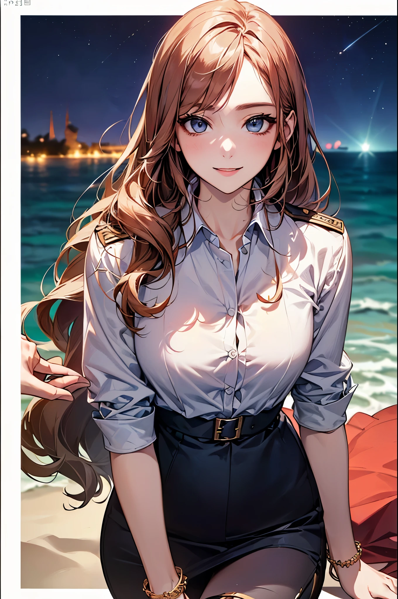 ((Biologically correct limb count))、(( whole body including face))、4K、Masterpiece、((Focus on the face))、((Symmetrical, well-proportioned facial features))、Eyes with delicate depictions、(((1 person)))、Beautiful woman、Outstanding style、Slender Body、、((Navy blue military uniform、shirt、Checked Skirt,(High heels with anklets)))、(((coastal)))、(Smiling and smiling)、(Close-up photo of the upper body)、High angle、Photos with a white border around them、night、