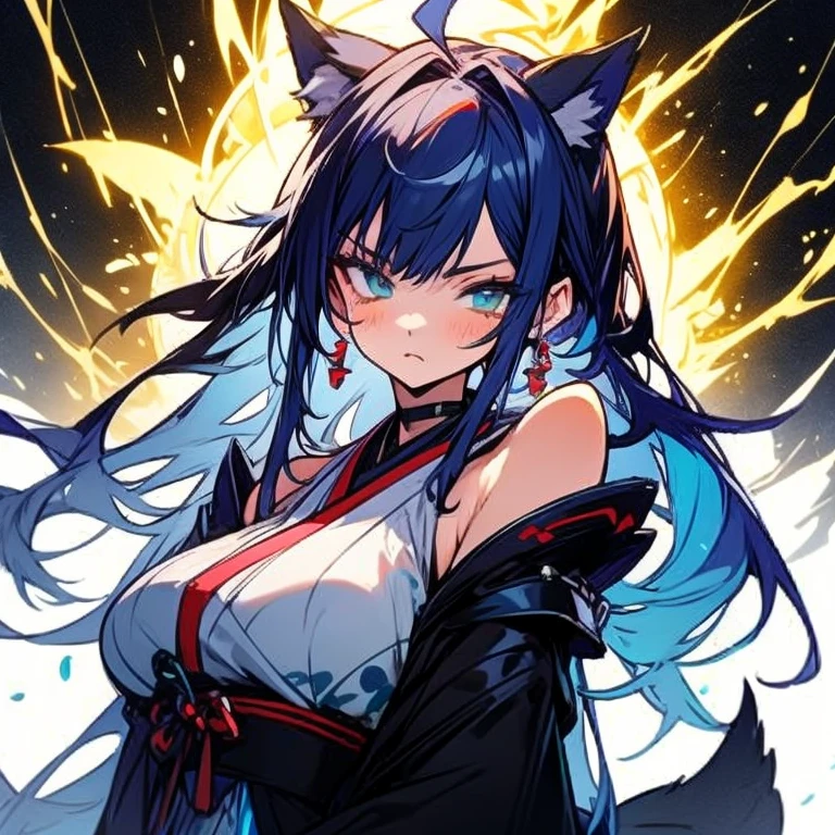 Masterpiece, best quality, expressive eyes, perfect face, 1girl, solo, breasts, long hair, blue hair, green eyes, serious expression, animal ears, forest background, night background, large breasts, ahoge, bare shoulders, kimono, wolf tail, lightning, Kitsune mask, traditional suit, tattoo at face, samurai armor, shoulder armor, pauldrons,