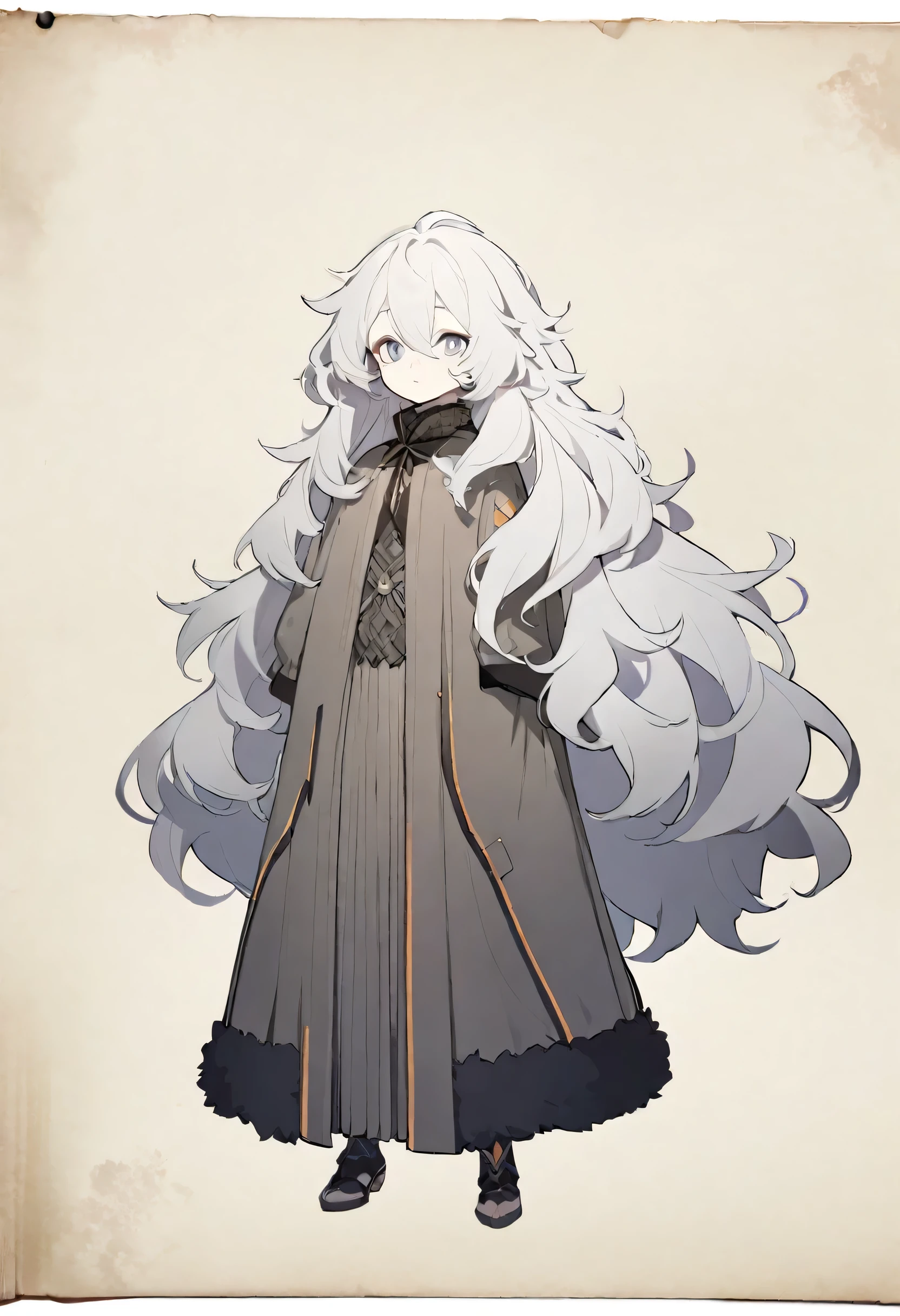 One Girl,whole body,Are standing,low length,Very little,Dynamic,Concept Art,Gray Hair,albino,Hair is hiding the body,Shaggy Hair,super long hair,,albino,Fluffy hair, Thick hair,Because it&#39;s small,Nightwear,Dynamic，The whole body is surrounded by hair,Arknights Wind,Like a mop,Curly hair,Long bangs that reach between the eyes,Long hair that reaches the floor,Red eyes,Drooping eyes,Holding a book,Long Skirt,cardigan,Long side hair,