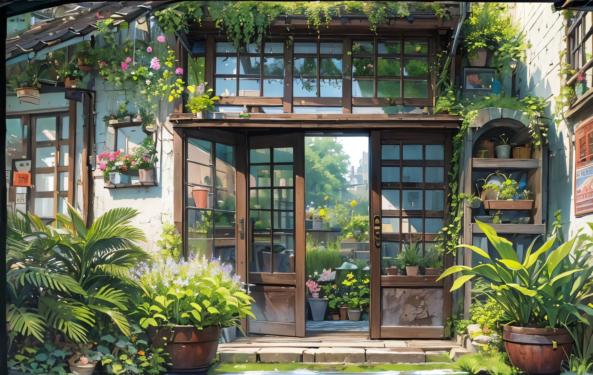 (Micro Landscape:1.5),(best quality), ((masterpiece)), (High resolution), illustration, The original, Extremely detailed wallpaper, 没have人类, window, landscape, plant, water, potted plant, outgates, architecture, gate, house, flower pot, sky, lily pad, Chair, flower, table, stairs, watermark, have, Tree, Sunlight, pond, Grass, ingates, reflection, lamp, balcony, Black headdress, bushing, sky空, railing, table, open window, shelf, leaf, Book, Website, Copyright Name, ladder, architecture学, shadow, Solitary, Outdated, vine, flower瓶, City, Coffee Shop, lantern, bucket, ruins, bench, Shop, sign, moss, Boat, bucket, river,
