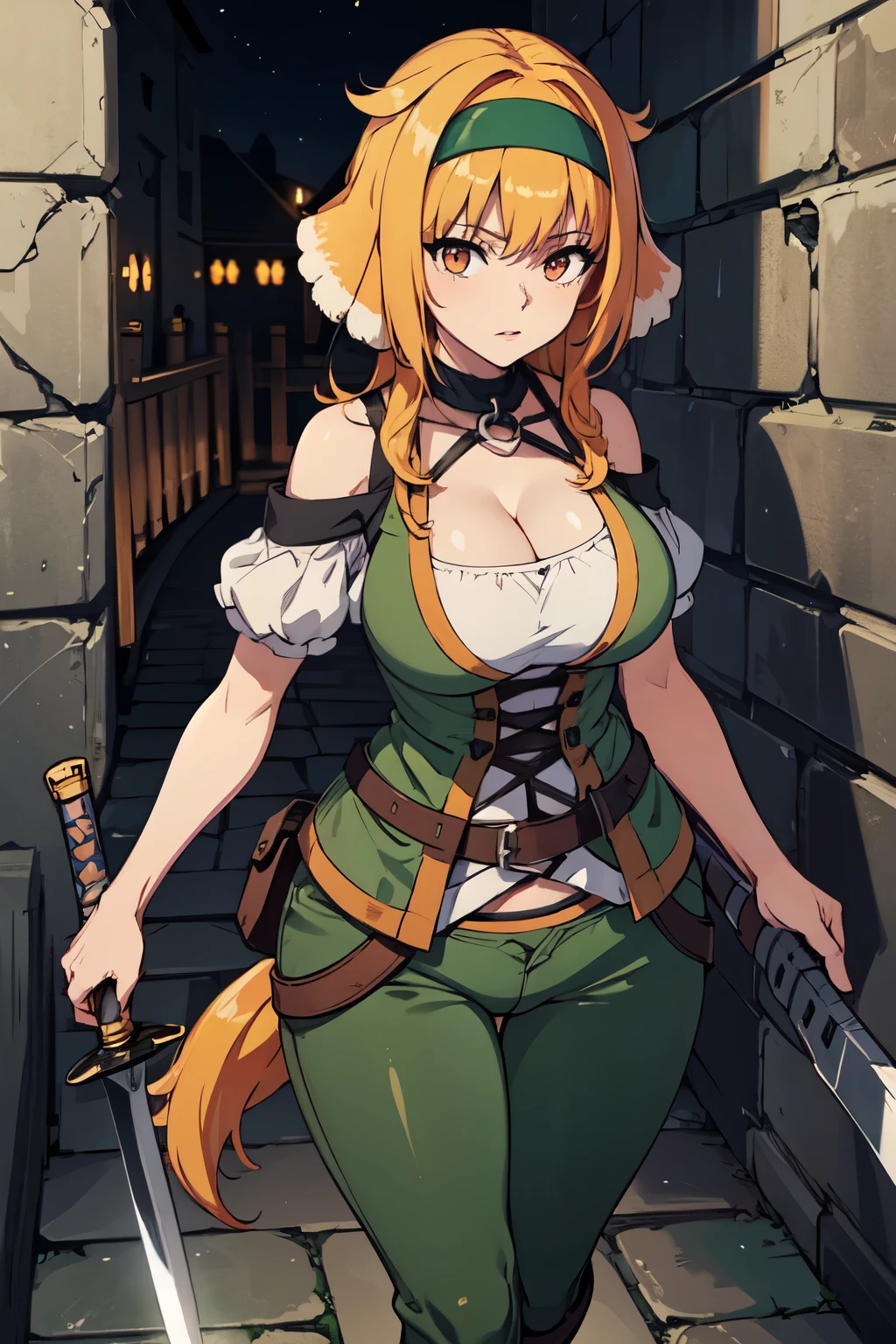 masterpiece, best quality, roxanne, dog ears, black hairband, [[[green hairband]]], off-shoulder shirt, cleavage, green vest, green pants, large breasts, holding sword, ((sword)), walking, looking back, dog tail above butt, [[[focused]]], [[glaring]], holding weapon, hand on hilt, (((((dungeon))))), ((maze)), (((medieval))), ((dark)), ((night)), glowing, orbs, ((INCHED HIPS)), :-) (BIG BREASTS INFLAMED) 