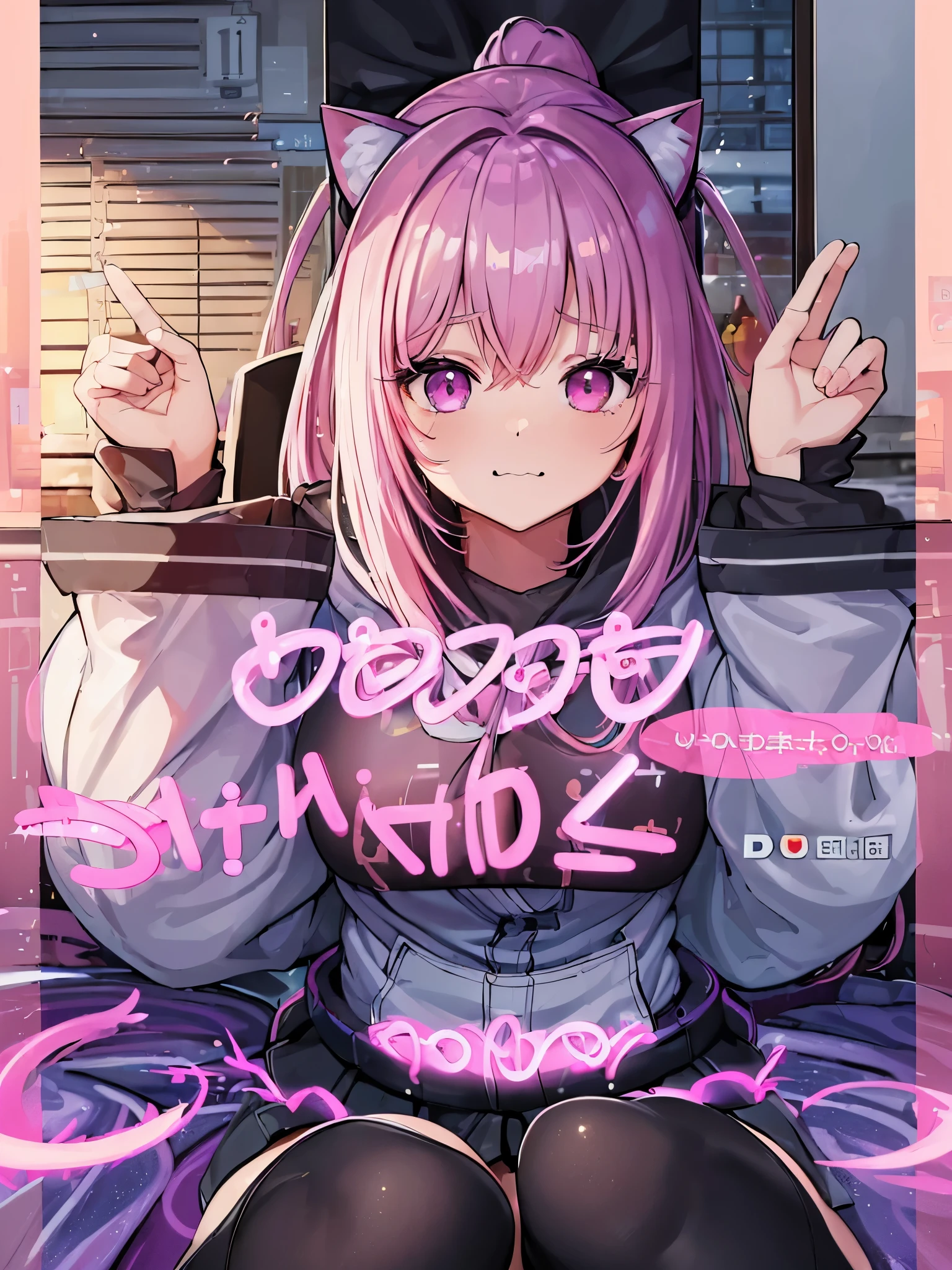 ((masterpiece))、(Ultra HD)、4K、((masterpiece))、((highest quality))、((Ultra-high resolution))、Official Art、Geometric Art、Very detailed、Depth of written boundary、A deep writing experience、pretty girl、Anime Visual、View your viewers、Soft Light、Only one young woman:2.0、 Ideal body type、Perfect waist、Big Breasts、Bust 87、White skin、Bright makeup、Cat ear、High Ponytail、Light pink hair、Hair that shines in natural light、Messy Hair、Ahoge、hair ornaments、Long eyelashes、Beautiful pink eyes with depth、Shining Eyeole under the eye、Glowing Eyes、Oversized hoodie、Black Skirt、belt、tights、stockings、garter、High soled boots、blush、sexy、Cute gestures、Best moment、((It depicts the everyday life of a person.:2.0))、Not intense、(((Picture Mode Ultra High Quality:2.0)))