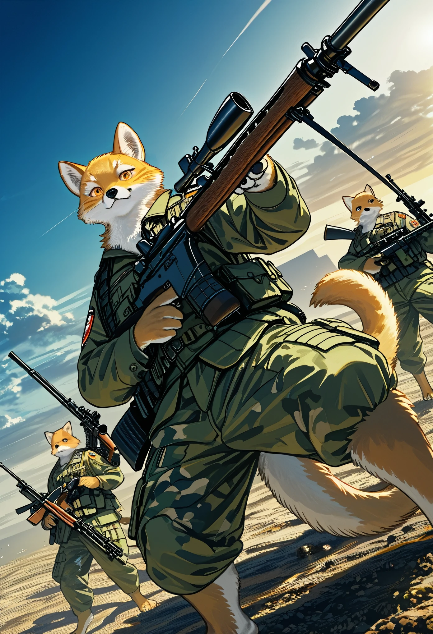 top quality, best quality, High-quality illustrations, masterpiece, super high resolution, detailed background, Military Headquarters, Maritime Self-Defense Force, rifle, sniper, battlefield, absurdres(highly detailed beautiful face and eyes)perfect anatomy, expression, good lighting, cinematic shadow(kemono, furry anthro)assorted poses, dynamic angle,
