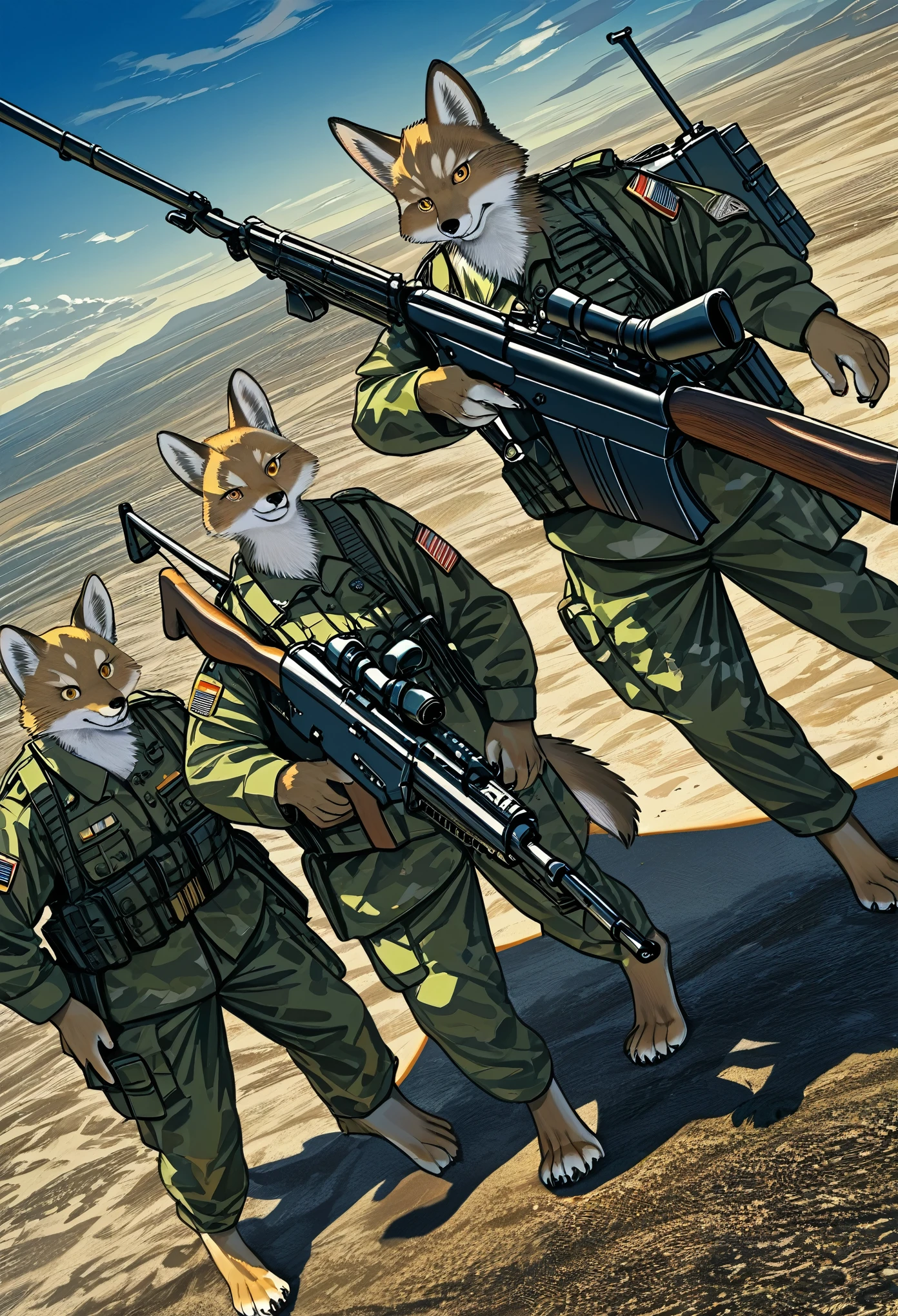 top quality, best quality, High-quality illustrations, masterpiece, super high resolution, detailed background, Military Headquarters, Maritime Self-Defense Force, rifle, sniper, battlefield, absurdres(highly detailed beautiful face and eyes)perfect anatomy, expression, good lighting, cinematic shadow(kemono, furry anthro)assorted poses, dynamic angle,