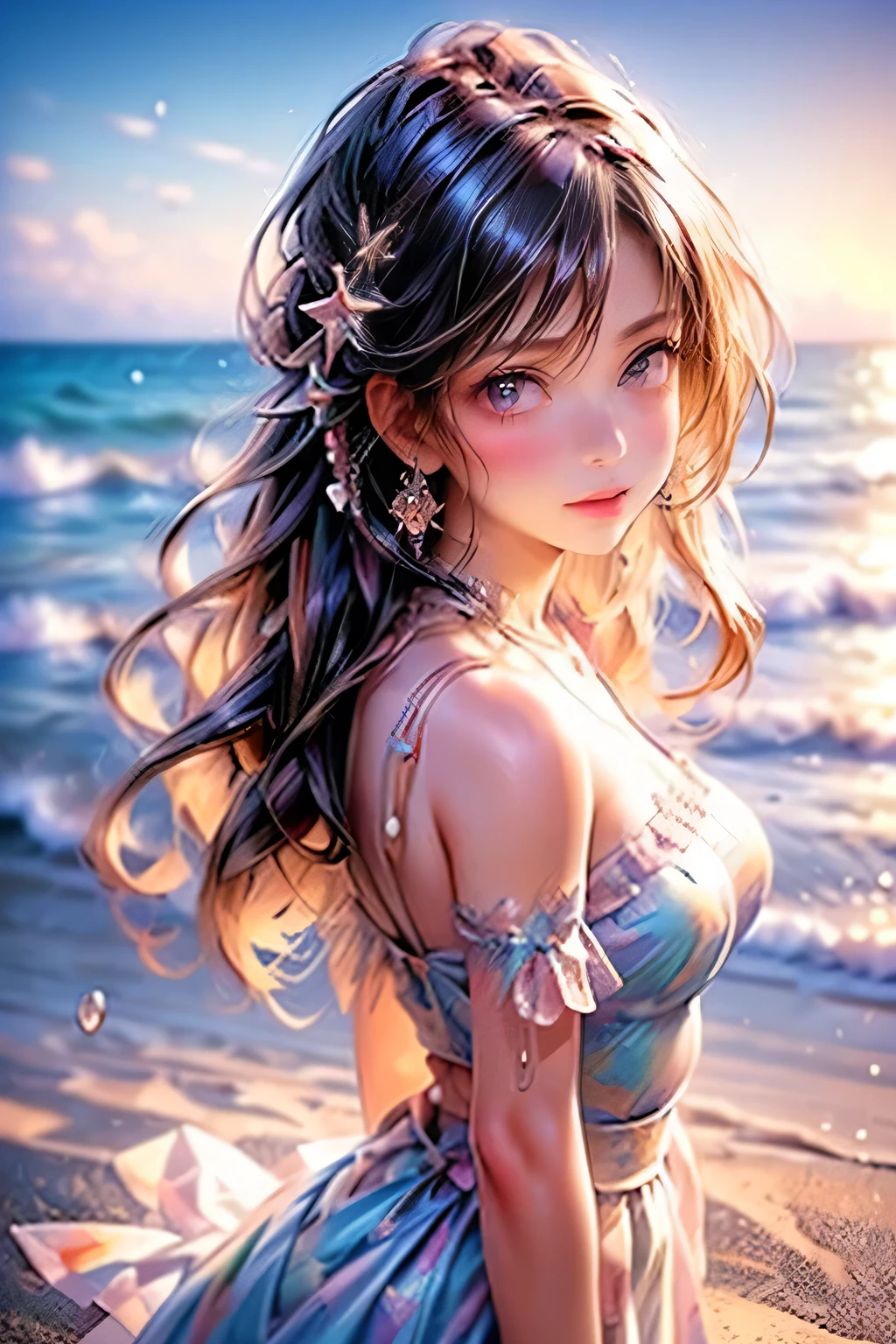 Cute girl in a bright swimsuit happily running on the beach, Long, straight, flowing black hair, Pure white soft skin, Clear turquoise water, Shining sand, Warm sunshine, Refreshing sea breeze, Shining blue sky, Endless Horizon, Playful waves, Beach chairs on the sand, Colorful beach umbrellas, Happy smile, Seaside snacks and drinks, Beach towel, Unique seashells, Vibrant atmosphere, Pleasant anticipation, Romantic moments, A relaxed and fun day, Unforgettable memories. (highest quality, 4K, High resolution, masterpiece:1.2), Super detailed, (Realistic, photoRealistic, photo-Realistic:1.37), Vibrant colors, Soft and warm lighting, Shining light reflected in water and sand, Gentle shadows, vibrant and Vibrant atmosphere, Dynamic and energetic composition.