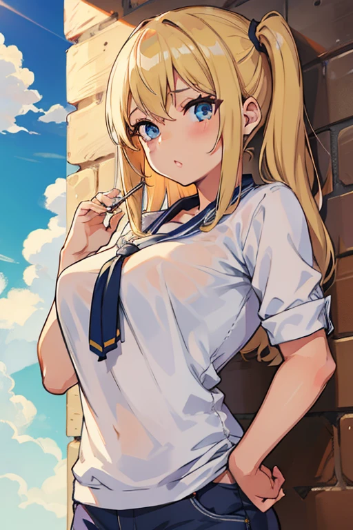 
Chica rubia con cabello largo hasta los codos de ojos azules de con complexion mediana mirada compasiva recibiendo la luz de sol utilizando lentes oscuros circulares 