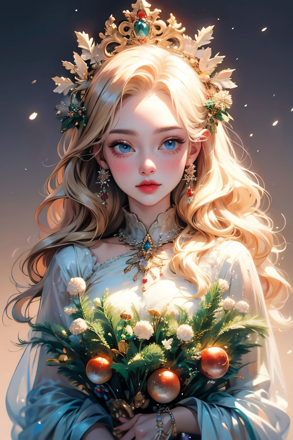 Beautiful portrait of queen, Blonde Hair, Perfect blue eyes, brilliant, impossible striking big Christmas headpiece, Clothes Santa Claus Robe, Everything Christmas, snow, Symmetrical, Drama Studio Lighting, Rococo, Baroque, Green vegetables, Asian, Surrealism, close up, D&D, fantasy, Wheels within wheels, elegant, Very detailed, number, art station, Octane Rendering, 8K, concept art, matte, Clear focus