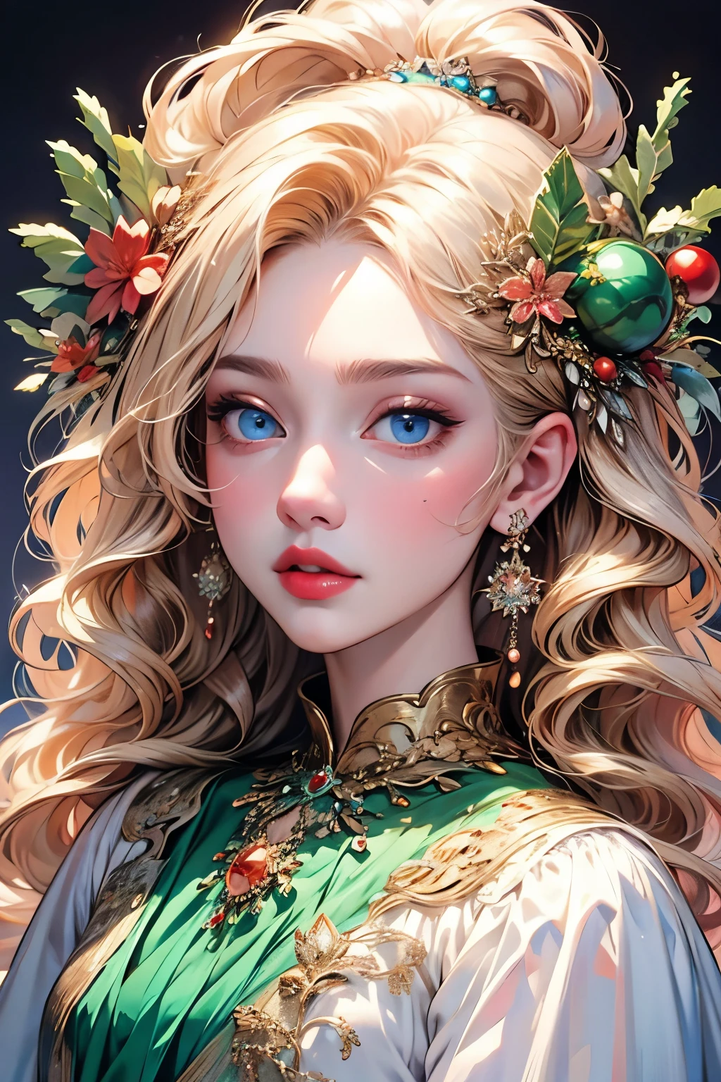 Beautiful portrait of queen, Blonde Hair, Perfect blue eyes, brilliant, impossible striking big Christmas headpiece, Clothes Santa Claus Robe, Everything Christmas, snow, Symmetrical, Drama Studio Lighting, Rococo, Baroque, Green vegetables, Asian, Surrealism, close up, D&D, fantasy, Wheels within wheels, elegant, Very detailed, number, art station, Octane Rendering, 8K, concept art, matte, Clear focus