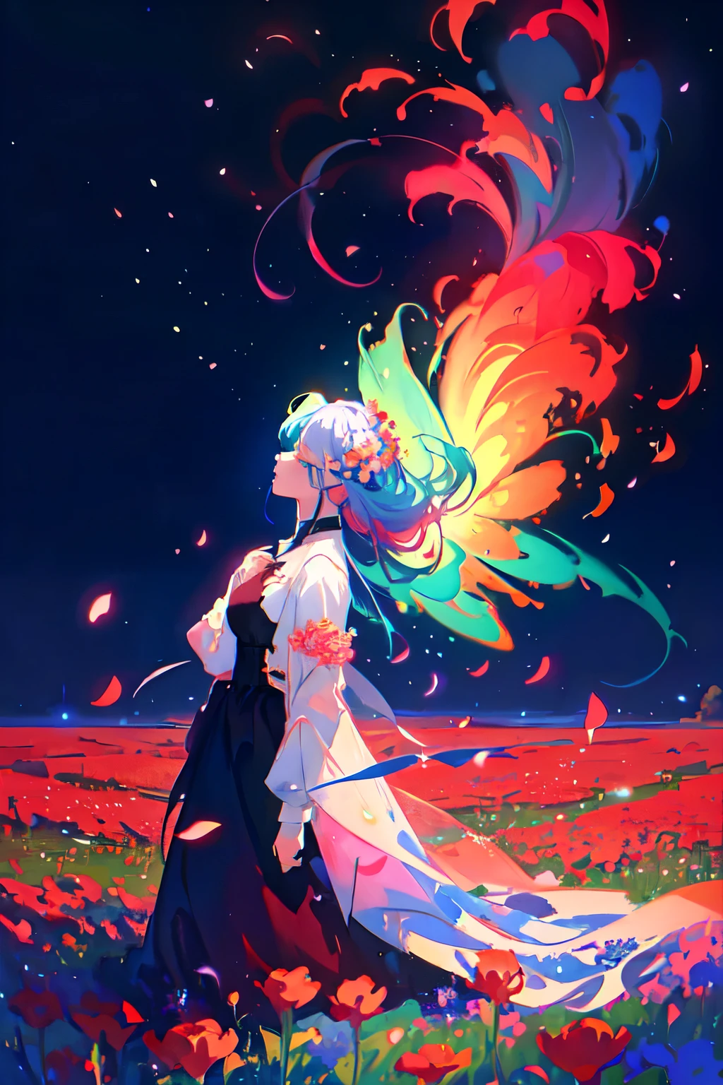 a woman standing in a field of flowers with a sky background, a digital painting inspired by Yanjun Cheng, pixiv contest winner, digital art, a beautiful artwork illustration, artwork in the style of guweiz, trending on artstration, lofi girl, digital anime illustration, beautiful digital illustration, lofi art, dreamy illustration, painterly illustration