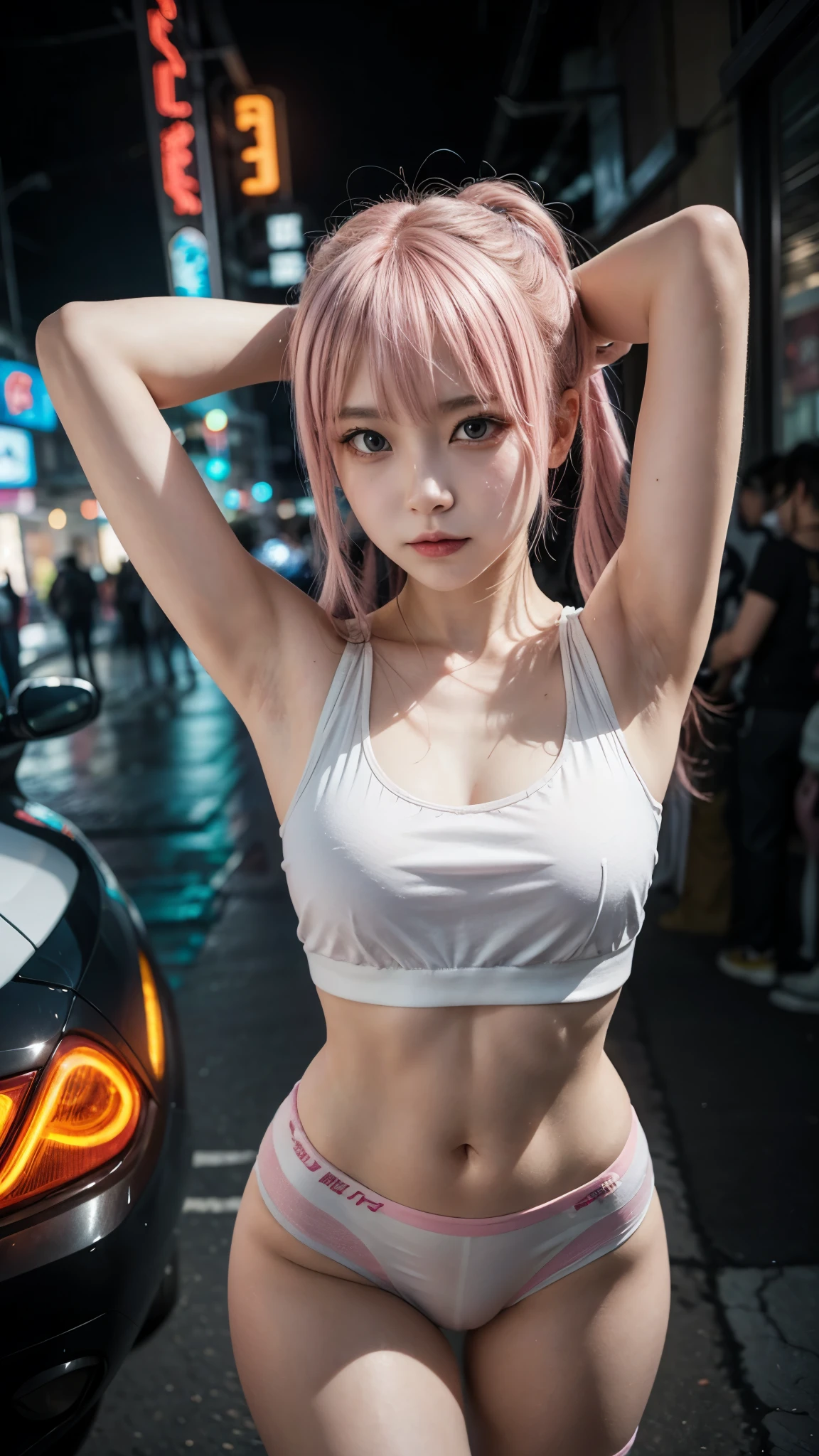 there is a woman with a light pink hair and a white tanktop, anime girl cosplay, inspired by Leng Mei, photo of slim girl model, anime girl in real life, seductive anime girl, cyberpunk 2 0 y. o model girl, chinese girl, female cyberpunk anime girl, photo of slim girl, show armpits, beautiful cyberpunk woman model, anime cosplay, cosplay photo, cosplay