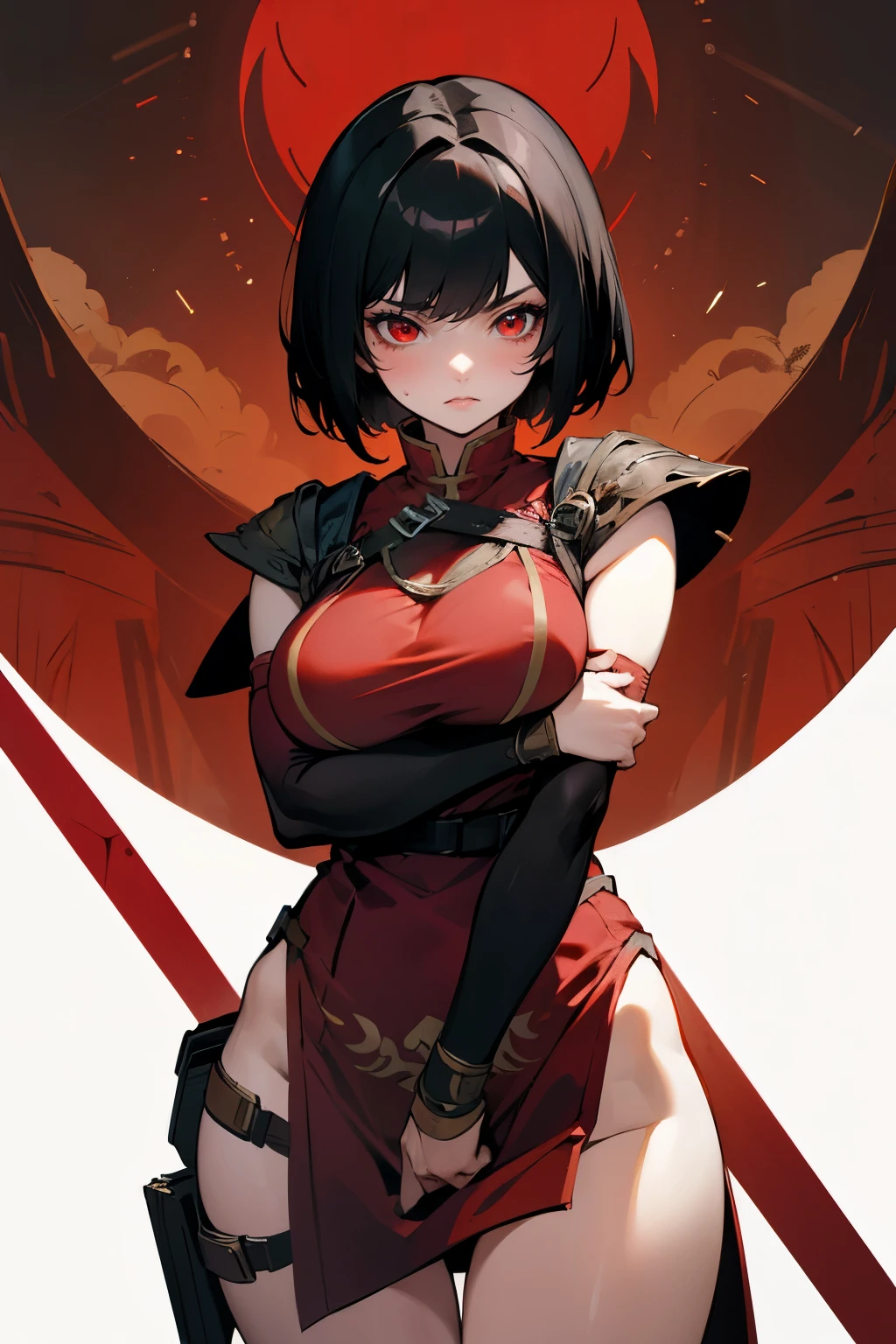Girl, short black hair, red eyes, warrior, red warrior clothes, big breasts, exposed thighs