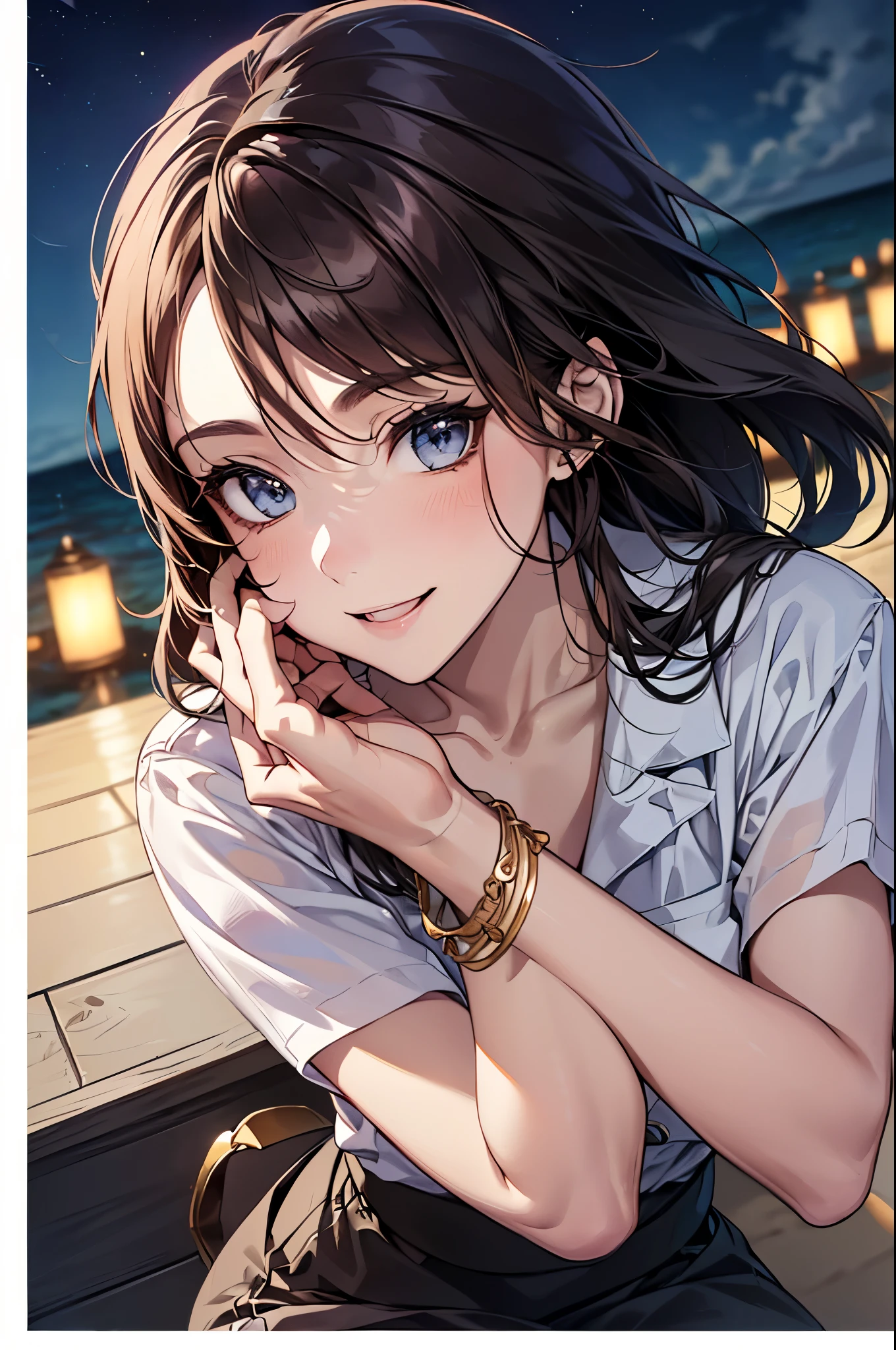 ((Biologically correct limb count))、(( whole body including face))、4K、Masterpiece、((Focus on the face))、((Symmetrical, well-proportioned facial features))、Eyes with delicate depictions、(((1 person)))、Beautiful woman、Outstanding style、Slender Body、、((Navy blue military uniform、shirt、Checked Skirt,(High heels with anklets)))、(((coastal)))、(Smiling and smiling)、(Close-up photo of the upper body)、High angle、Photos with a white border around them、night、