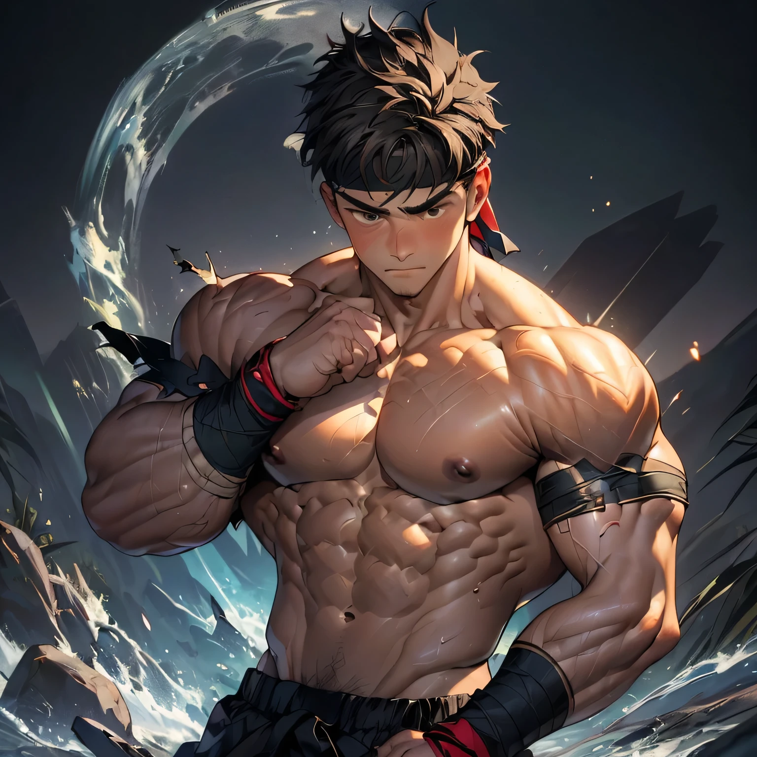 (Masterpiece, Best quality 19 year old boy, black background, bust shot, shoot from front, looking away), solo, Young, boy, muscler, Shirtless, topless, (Dark Short straight hair, under cut, brown eyes), (torn clothes, red headband, ((black wristband))), Vivid colors, (hot Abs:1.3, abs!, big abs, big breast:1.3, chest!, upperarms), (topless male), muscler!, muscler, muscler body, (aura power:1.5), detailed face, detailed muscle, (((A magical mystical aura, rippling muscles, Martial arts action, bandages, looks confident, in armor)))