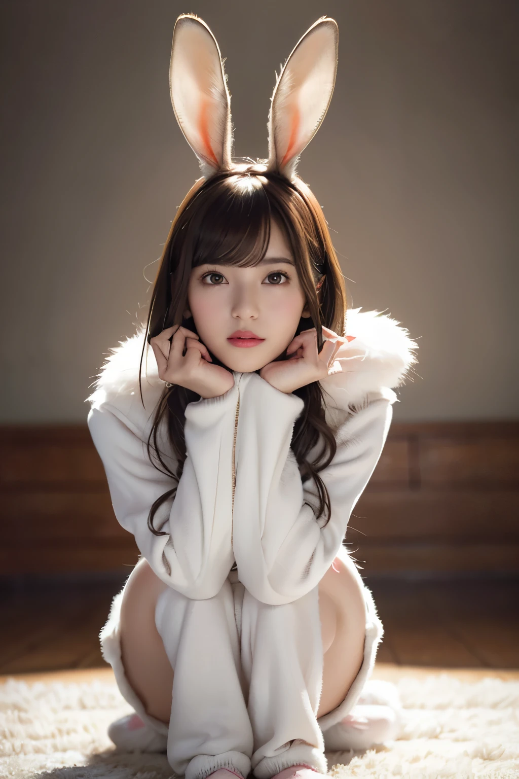 High-Definition Portrait, Dynamic Lighting, Stylized Rabbit Mask, Photorealistic Rendering, Extremely Detailed CG, 4K Wallpaper, Dramatic Shadows, Dynamic Contrast, Emphasis on Textures, (Expressive Eyes, Rose Tint Lips), Intricate Details Face, Rabbit Ears on Mask, Brown Hair, Playful Expressions, Turning Head, Dreamy Background, (White Snowy Landscape), (Without People in the Background), Glossy Nose and Cheeks, (Full Body Shot), (Rabbit-Themed Outfit: 1.2), (Fur-Trim