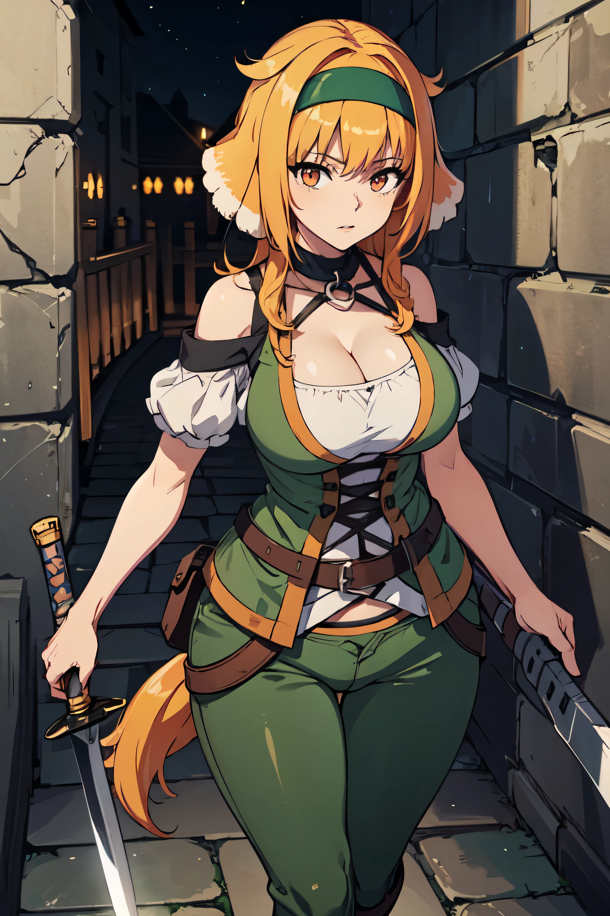 masterpiece, best quality, roxanne, dog ears, black hairband, [[[green hairband]]], off-shoulder shirt, cleavage, green vest, green pants, large breasts, holding sword, ((sword)), walking, looking back, dog tail above butt, [[[focused]]], [[glaring]], holding weapon, hand on hilt, (((((dungeon))))), ((maze)), (((medieval))), ((dark)), ((night)), glowing, orbs, ((INCHED HIPS)), :-) (BIG BREASTS INFLAMED) 