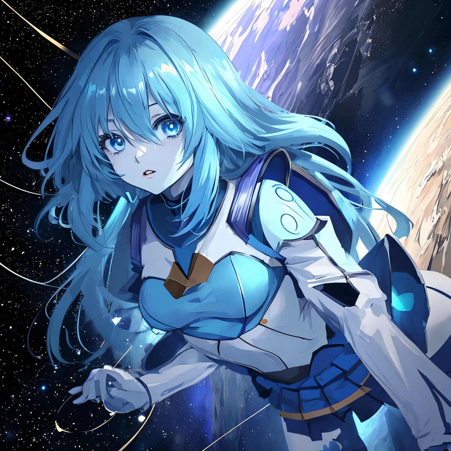 Anime girl with blue skin riding an asteroid on outer space.