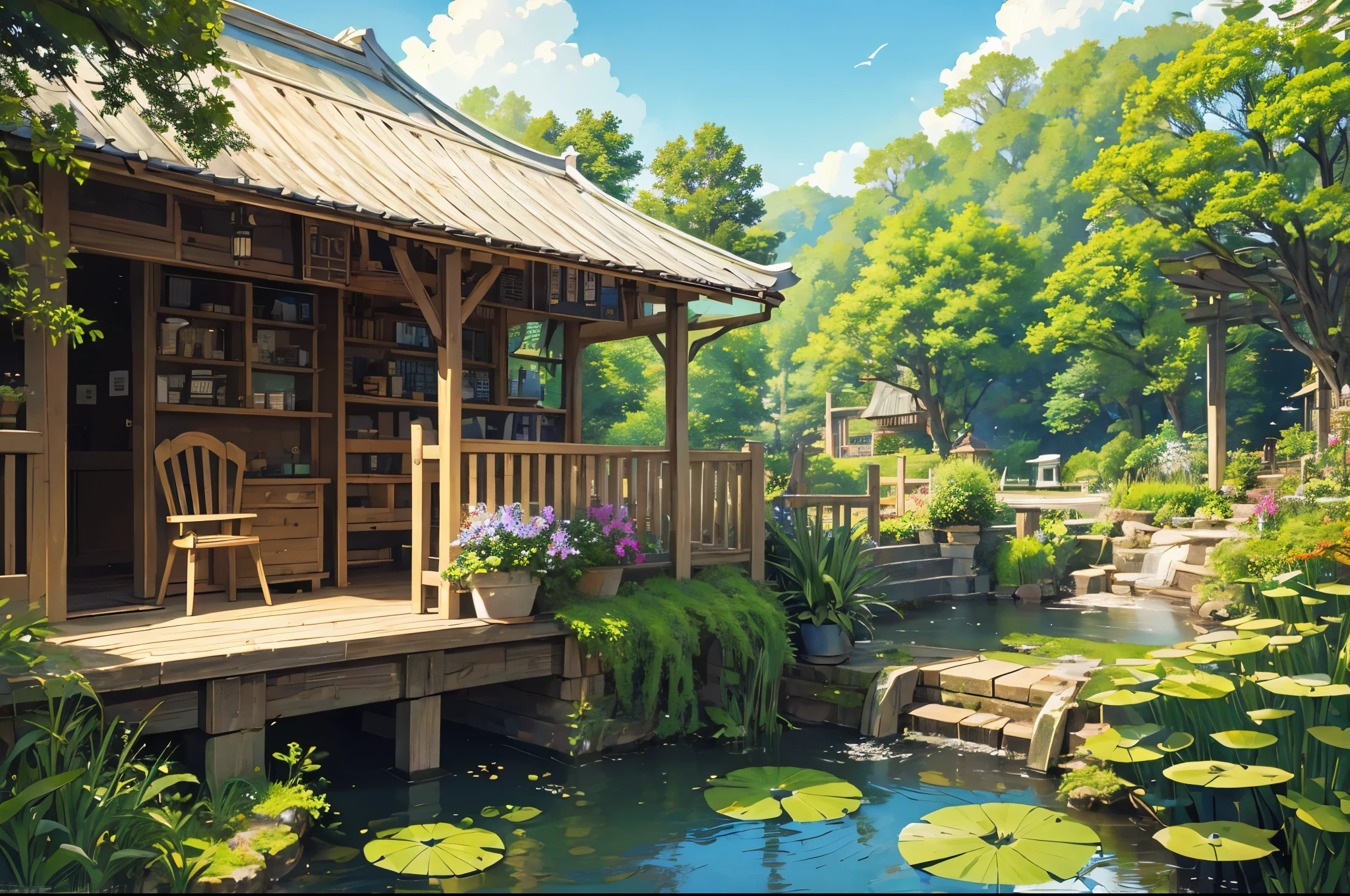 (Micro Landscape:1.5),(best quality), ((masterpiece)), (High resolution), illustration, The original, Extremely detailed wallpaper, 没have人类, window, landscape, plant, water, potted plant, outgates, architecture, gate, house, flower pot, sky, lily pad, Chair, flower, table, stairs, watermark, have, Tree, Sunlight, pond, Grass, ingates, reflection, lamp, balcony, Black headdress, bushing, sky空, railing, table, open window, shelf, leaf, Book, Website, Copyright Name, ladder, architecture学, shadow, Solitary, Outdated, vine, flower瓶, City, Coffee Shop, lantern, bucket, ruins, bench, Shop, sign, moss, Boat, bucket, river,