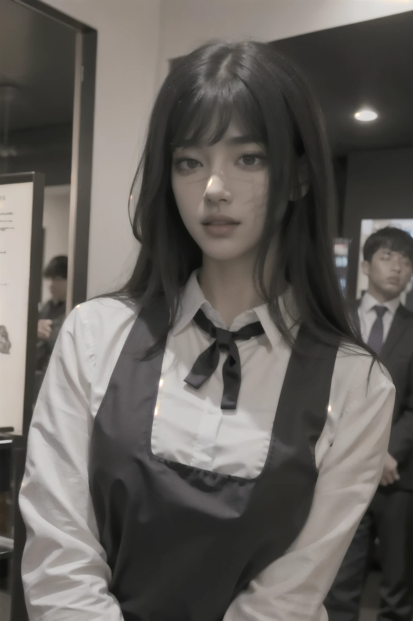 (Surreal), (figure), (High resolution), (8k), (Very detailed), (best figure), night ( Chainsaw Man ), (Beautiful fine details), (highest quality), (Super detailed), (masterpiece), (wallpaper), (Detailed face), alone, Upper Body, Focus on the face, 1 girl, Long black hair, Korean, Light eyeshadow, Well-detailed eyes, Brown eyes, Small mole under eye, Long sleeve shirt, Neck Bow,  Small breasts, Apron dress, Dynamic pose, Low light, night, dark, cloud, dark night