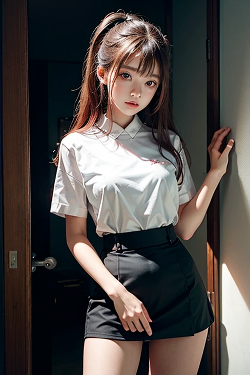 Portrait of a beautiful 18-year-old it teen, redhead, gorgeous Chinese, in cotton panties, at the door, (dark private office, dark and melancholy light: 1.2)