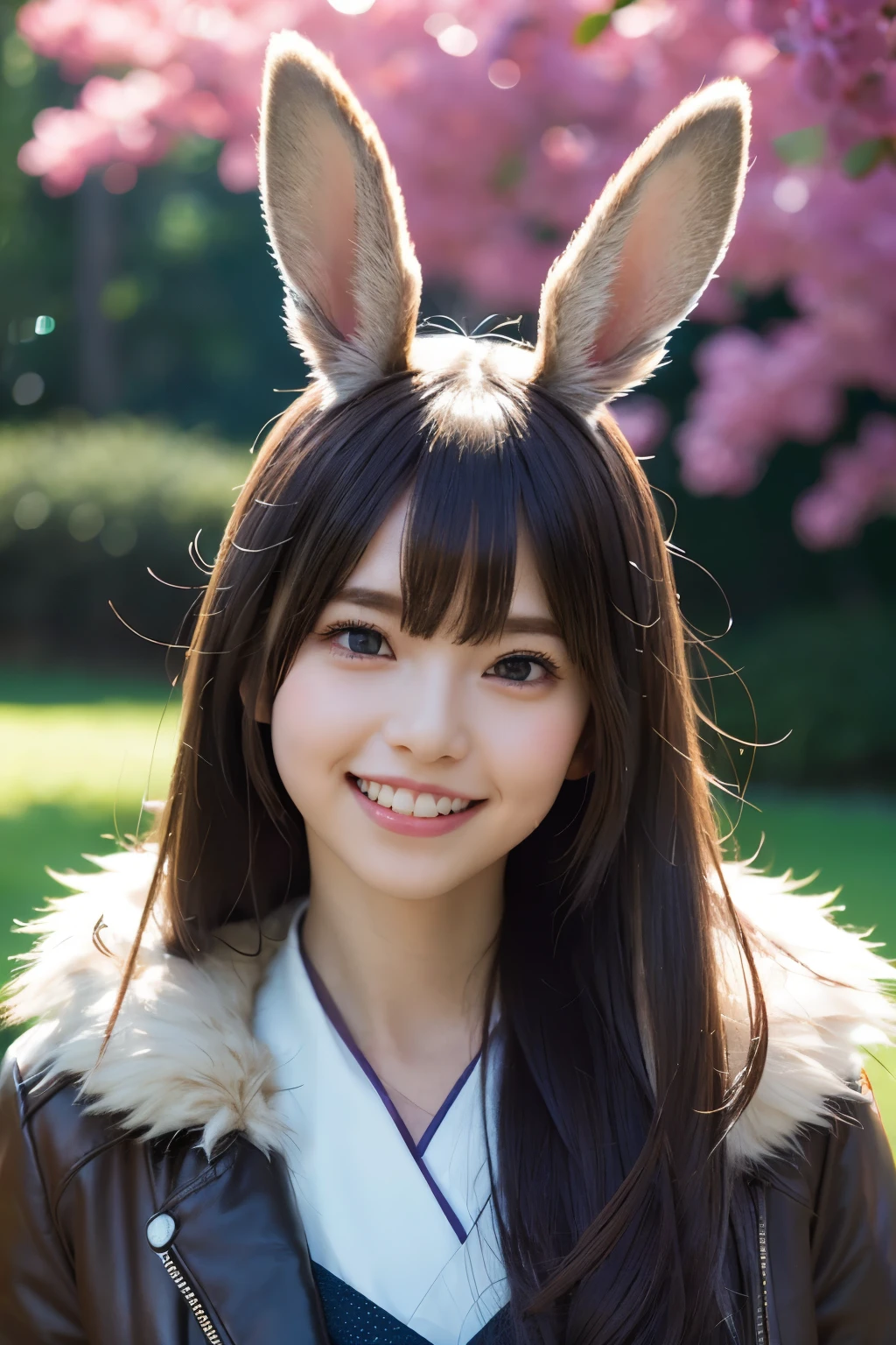High Definition Portrait, 4K, Realistic Representation, Superior Quality, Photorealistic, Extremely Detailed CG 4K Wallpaper, Dramatic Lighting, Dynamic Shadows, Playful Lens Flare, Ray Tracing, (Adorable Rabbit Mask, Charming Eyes, Engaging Smile), Precise Detail Mask, (Lush Fur Detail) 1 Girl, In a Moonlit Park, Deep Shadows, Cute Japanese Girl, Cosplayer, 1 Girl, (Petite Build:1.3), (Looking Directly at the Viewer), (Big Grin:1.3), (Mystical Forest Night,
