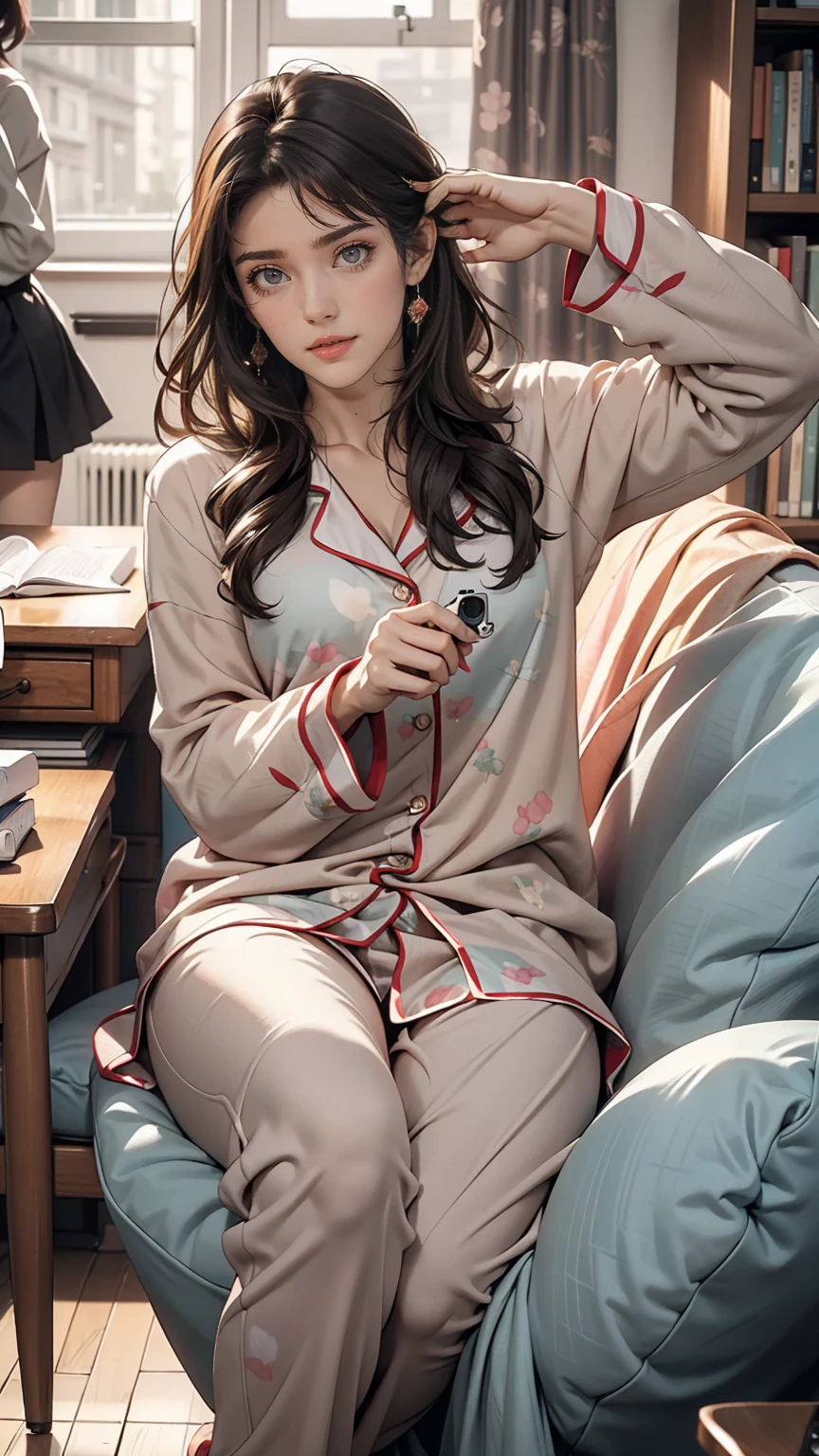 Wearing cute pajamas, graceful, Coquettish, Study Room, sofa, Random fascinating movements, To the camera, Imaginative, First Love