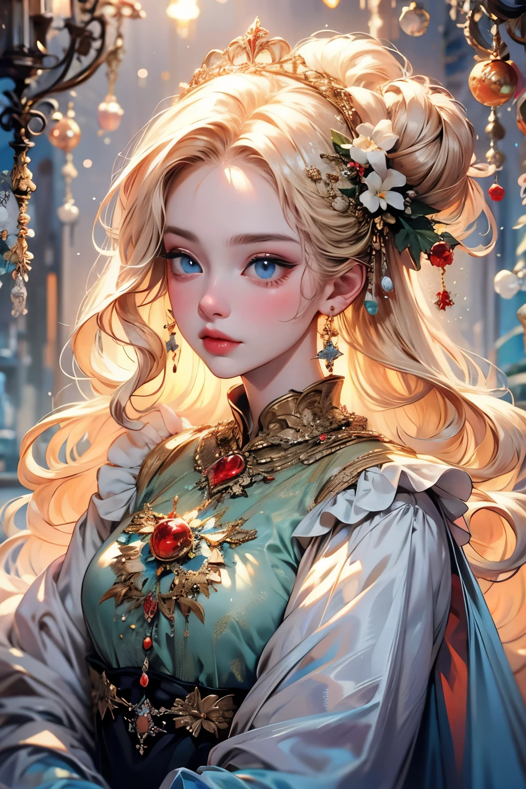 Beautiful portrait of queen, Blonde Hair, Perfect blue eyes, brilliant, impossible striking big Christmas headpiece, Clothes Santa Claus Robe, Everything Christmas, snow, Symmetrical, Drama Studio Lighting, Rococo, Baroque, Green vegetables, Asian, Surrealism, close up, D&D, fantasy, Wheels within wheels, elegant, Very detailed, number, art station, Octane Rendering, 8K, concept art, matte, Clear focus