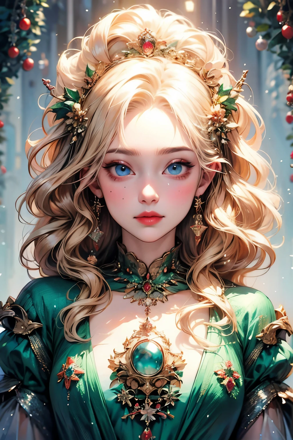 Beautiful portrait of queen, Blonde Hair, Perfect blue eyes, brilliant, impossible striking big Christmas headpiece, Clothes Santa Claus Robe, Everything Christmas, snow, Symmetrical, Drama Studio Lighting, Rococo, Baroque, Green vegetables, Asian, Surrealism, close up, D&D, fantasy, Wheels within wheels, elegant, Very detailed, number, art station, Octane Rendering, 8K, concept art, matte, Clear focus