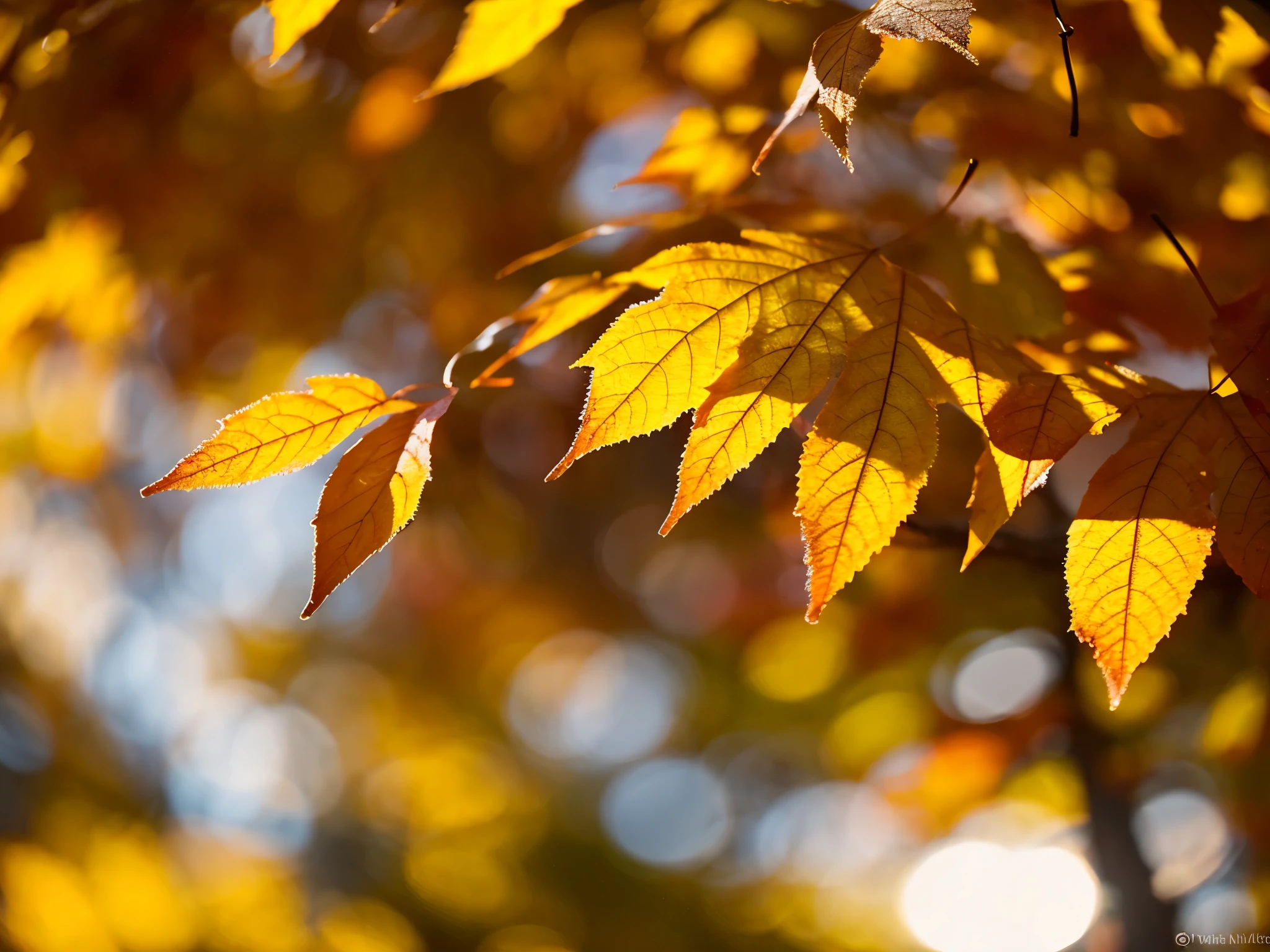 macro, autumn leaves, covered with a thin layer of frost, cinematics light, ray of light, bokeh