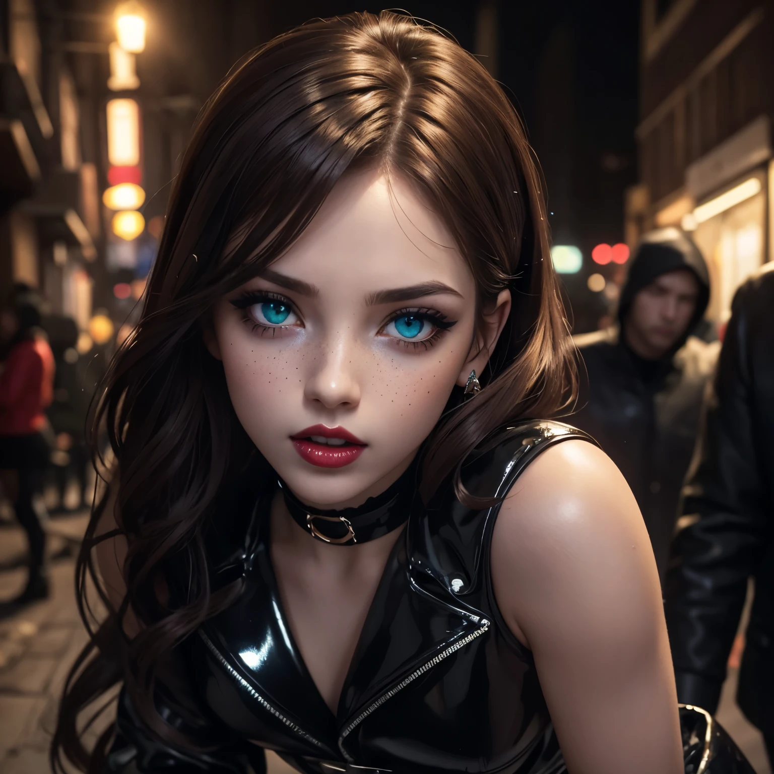 cute girl among men, cute woman with guys, girl with fellas, in a shiny black puffy jacket crawls, face slumbering, cute eyes, mouth agape, Face weary, Face of suffering, Face of heaven, slumbering face, battling men, surrounded by men, caught among men, being approached by men, Hair pulled forcefully, my head is grabbed, Masterpiece, beautiful girl, delicate eyes, Swollen eyes, Of the highest quality, Super high resolution (reality: 1.4), movie lighting, Super beautiful, beautiful skin, (Ultra-realistic), (High resolution), (8k), (Very detailed), (beautiful and delicate eyes), (super detailed), detailed face, inclined bangs, reddish-brown hair, 25 years old, in an alley. porcelain white skin sprinkled with freckles, big expressive large green eyes with long lashes, heavily made up with eyeliner and blue eyeshadow with glitter, slim figure, skinny, red lips, shiny red lips, a beautiful and sensual face, goth choker, paired with a red sateen mini skirt with black shiny belt, high shiny boots. motherly face, cute face, a lot glitter, glitter clothes, shiny clothes, night, hard made up, a lot made up, hard make up, goth make up, she looks up, on her knees, look up, open mouth, night, on her knees looks up