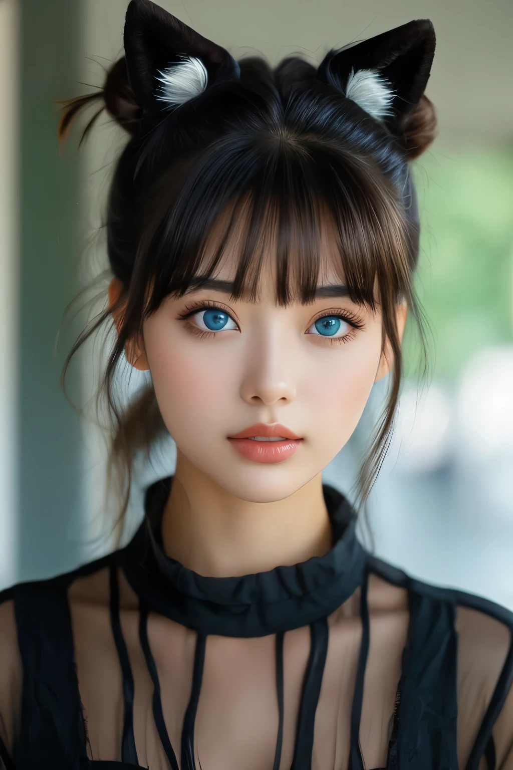 bellissima, 1girl, solo, looking at viewer, bangs, blue eyes, black hair, animal ears, parted lips, hair bun, blurry, lips, blurry background, messy hair, portrait, realistic