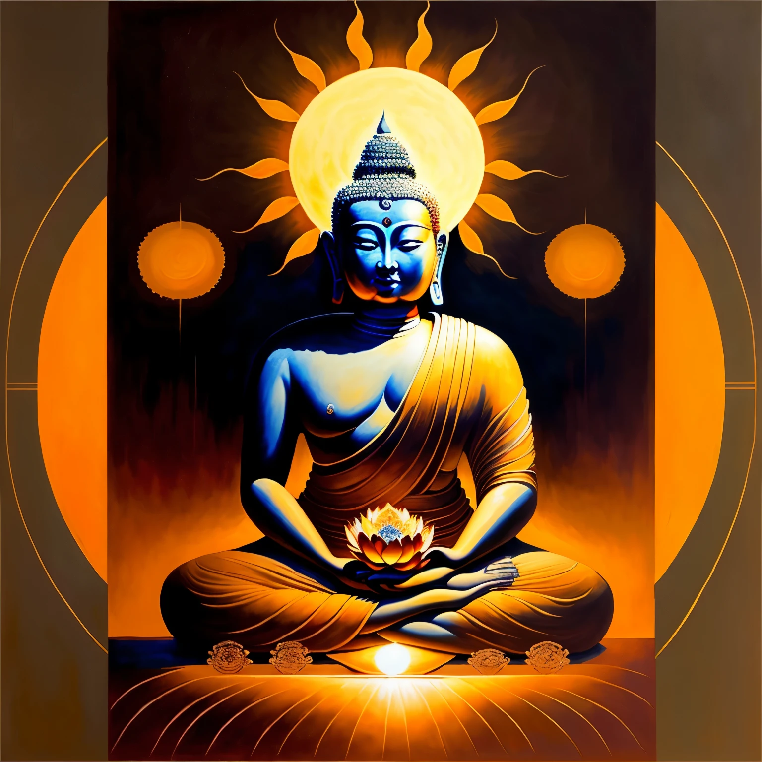 painting of a buddha statue sitting in a lotus position in front of a sun, the buddha, buddha, buddhism, samsara, buddhist art, buddhist, tithi luadthong, zen, floating in a powerful zen state, enlightened, enlightenment, serene, amazing depth, do hoang tuong artwork, serene expression, amazing, meditation, by David Boyd