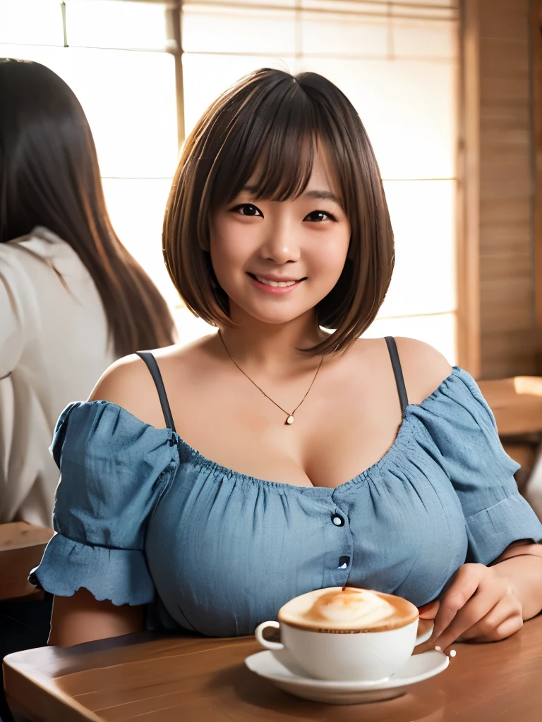 cafe, table, delicious dishes, (masterpiece, best quality, ultra detailed, detailed face, 8k), BREAK, (1 girls, Japanese, 10 yo, ((cute round childish)) face, natural medium straight hair, cute bangs, facing to viewer, (natural gigantic breasts:1.3), (natural mega boobs), lovely, happy, smile, casual clothes, (loose-fitting open front neckline), (deep cleavage from loose-fitting open neckline), (looking at viewer), (own breasts grabbing, breasts resting on table), BREAK, (the girl sitting across the table), girl in center, facing towards viewer,